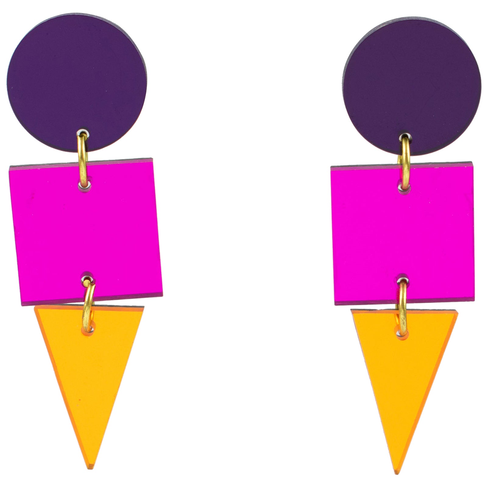 Orecchini pendenti in resina a blocchi di colore geometrici viola, rosa e arancione