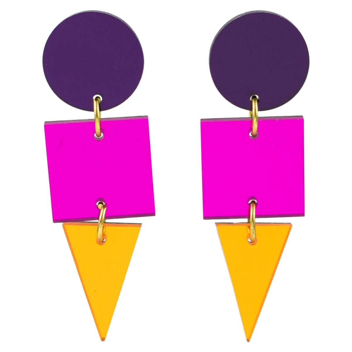 Geometric Color Block Purple, Pink, Orange Lucite Dangle Pierced Earrings For Sale