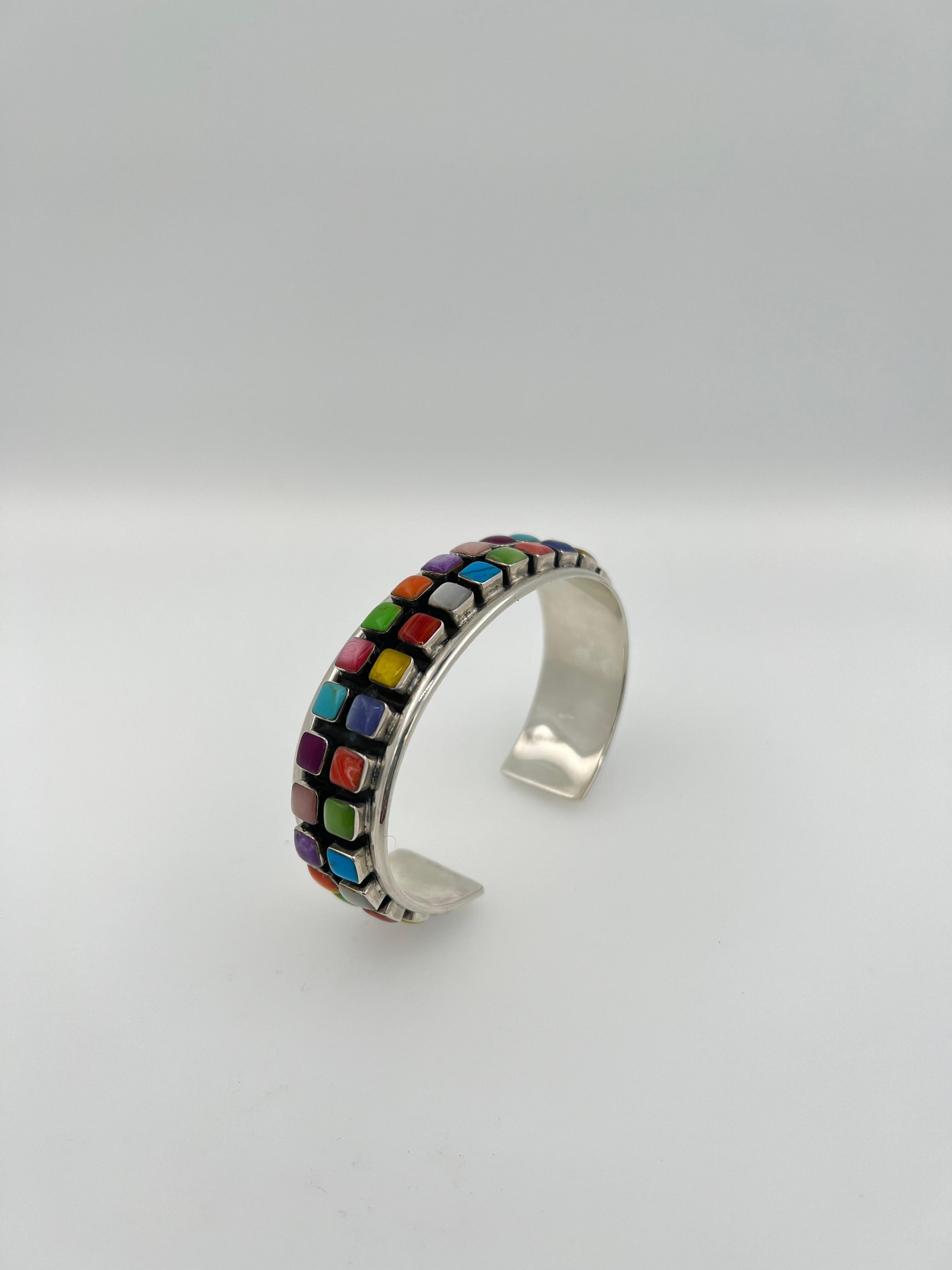 Geometric Colored Rainbow Cab Gemstone Sterling Silver Wide Cuff Bangle Bracelet For Sale 5