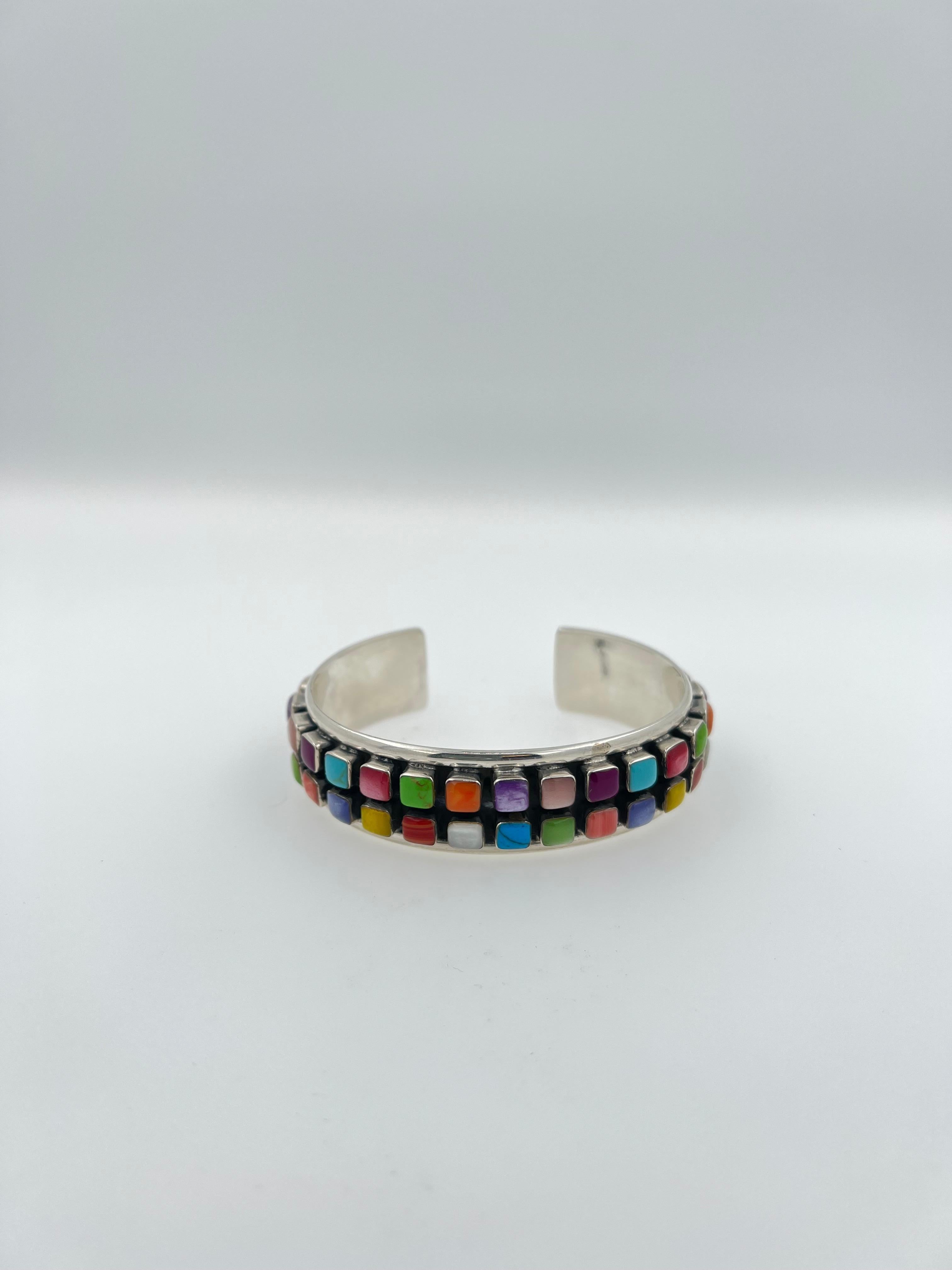Geometric Colored Rainbow Cab Gemstone Sterling Silver Wide Cuff Bangle Bracelet For Sale 7