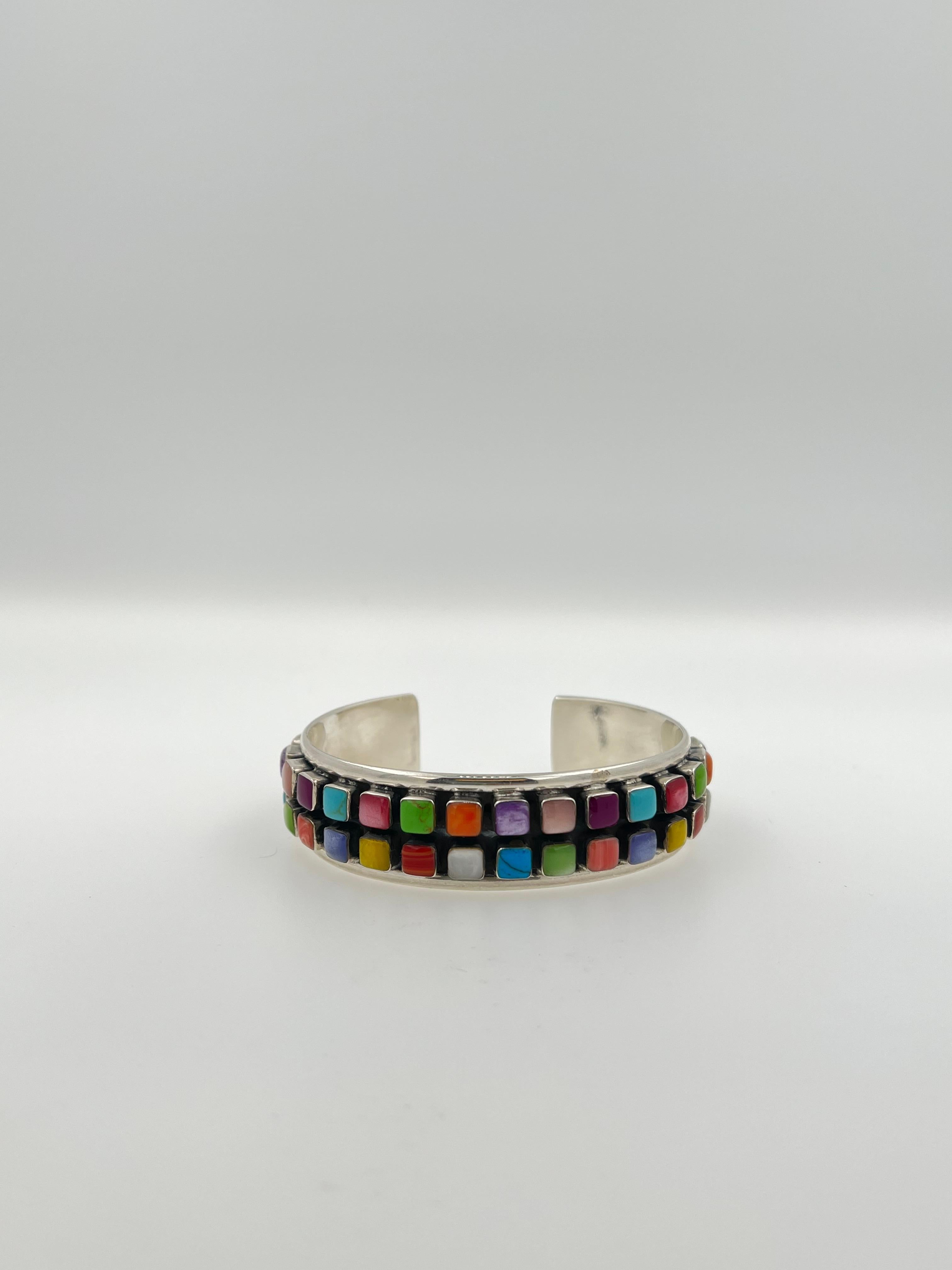Geometric Colored Rainbow Cab Gemstone Sterling Silver Wide Cuff Bangle Bracelet For Sale 8