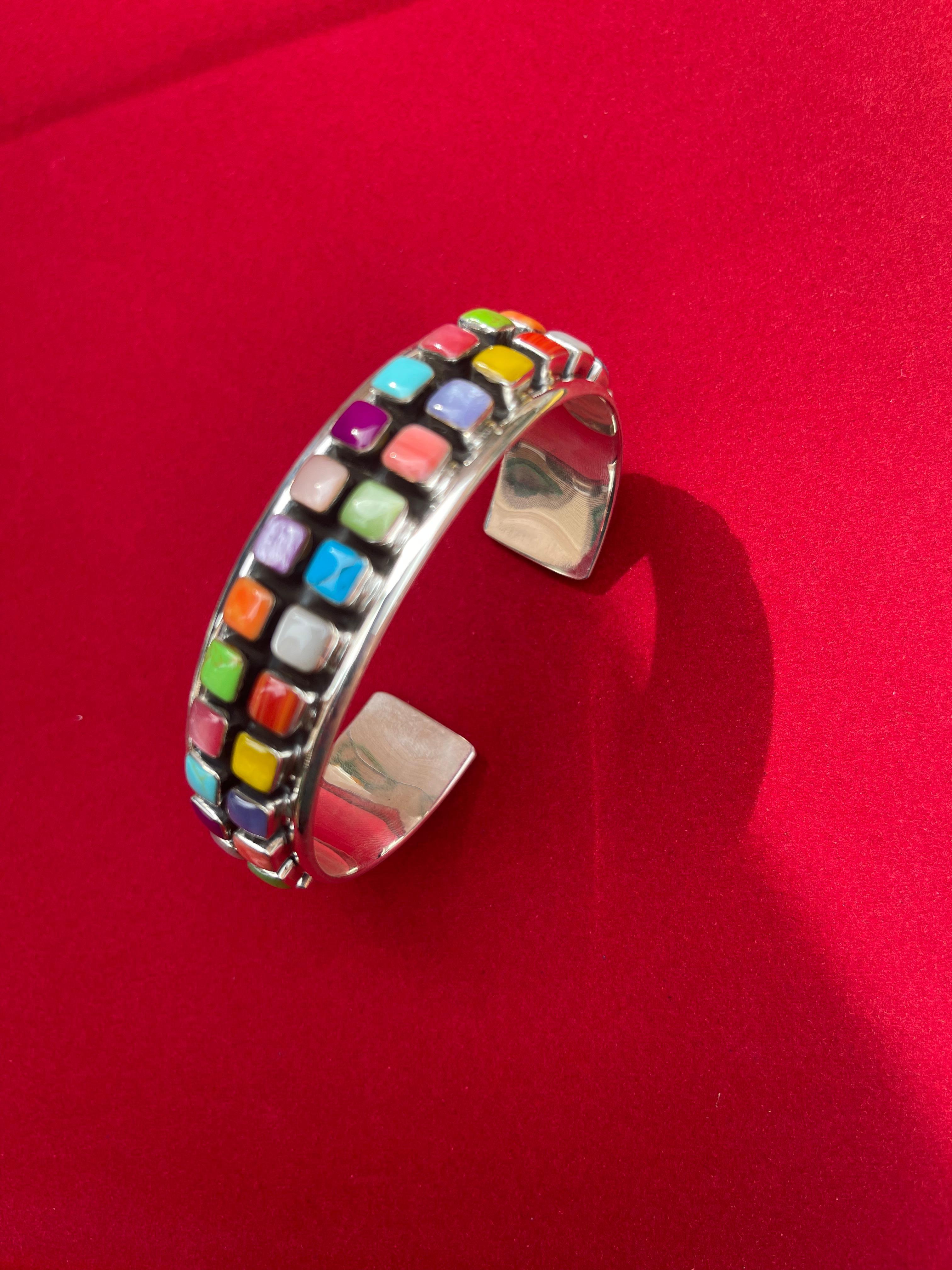 Geometric Colored Rainbow Cab Gemstone Sterling Silver Wide Cuff Bangle Bracelet For Sale 10