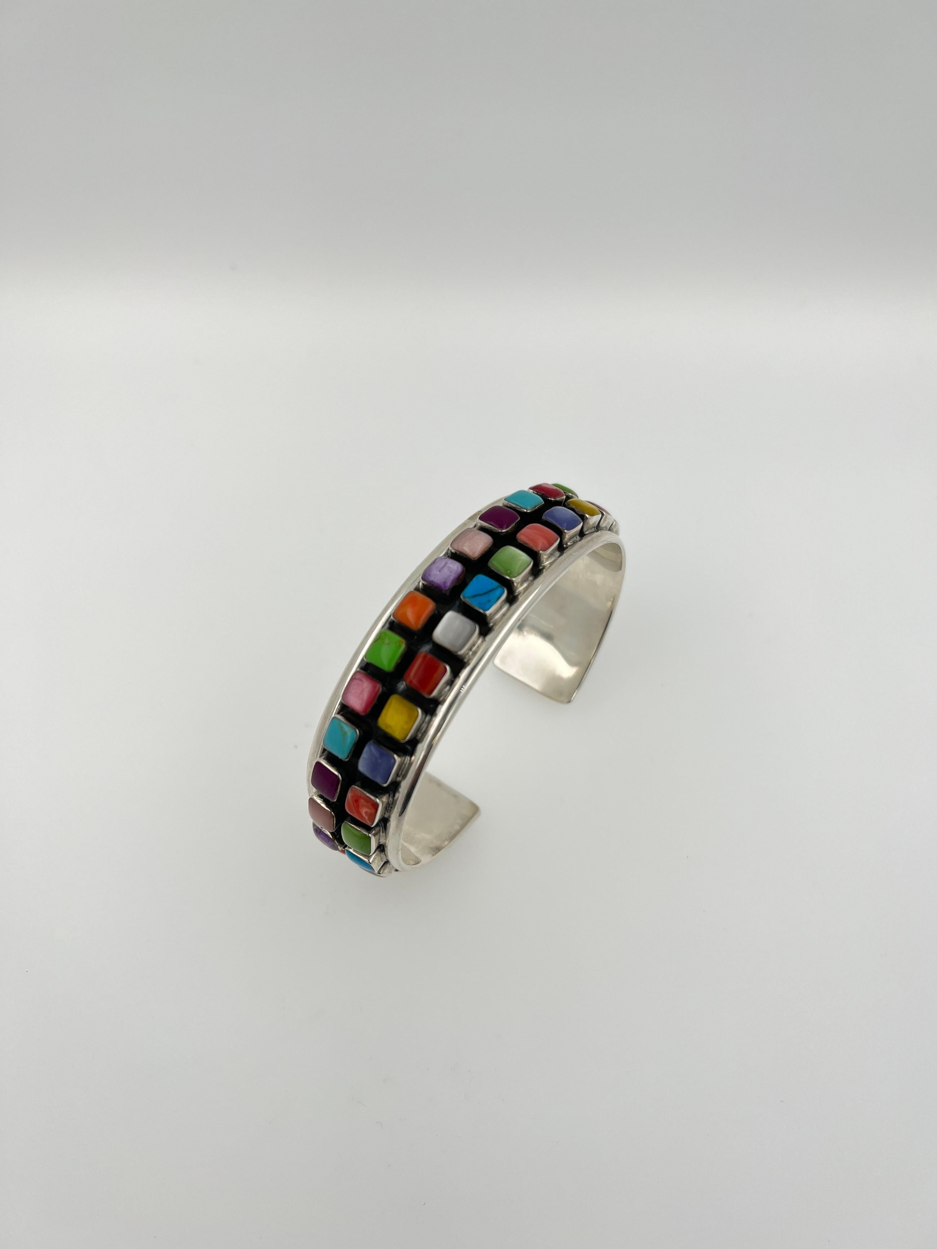 Women's or Men's Geometric Colored Rainbow Cab Gemstone Sterling Silver Wide Cuff Bangle Bracelet For Sale