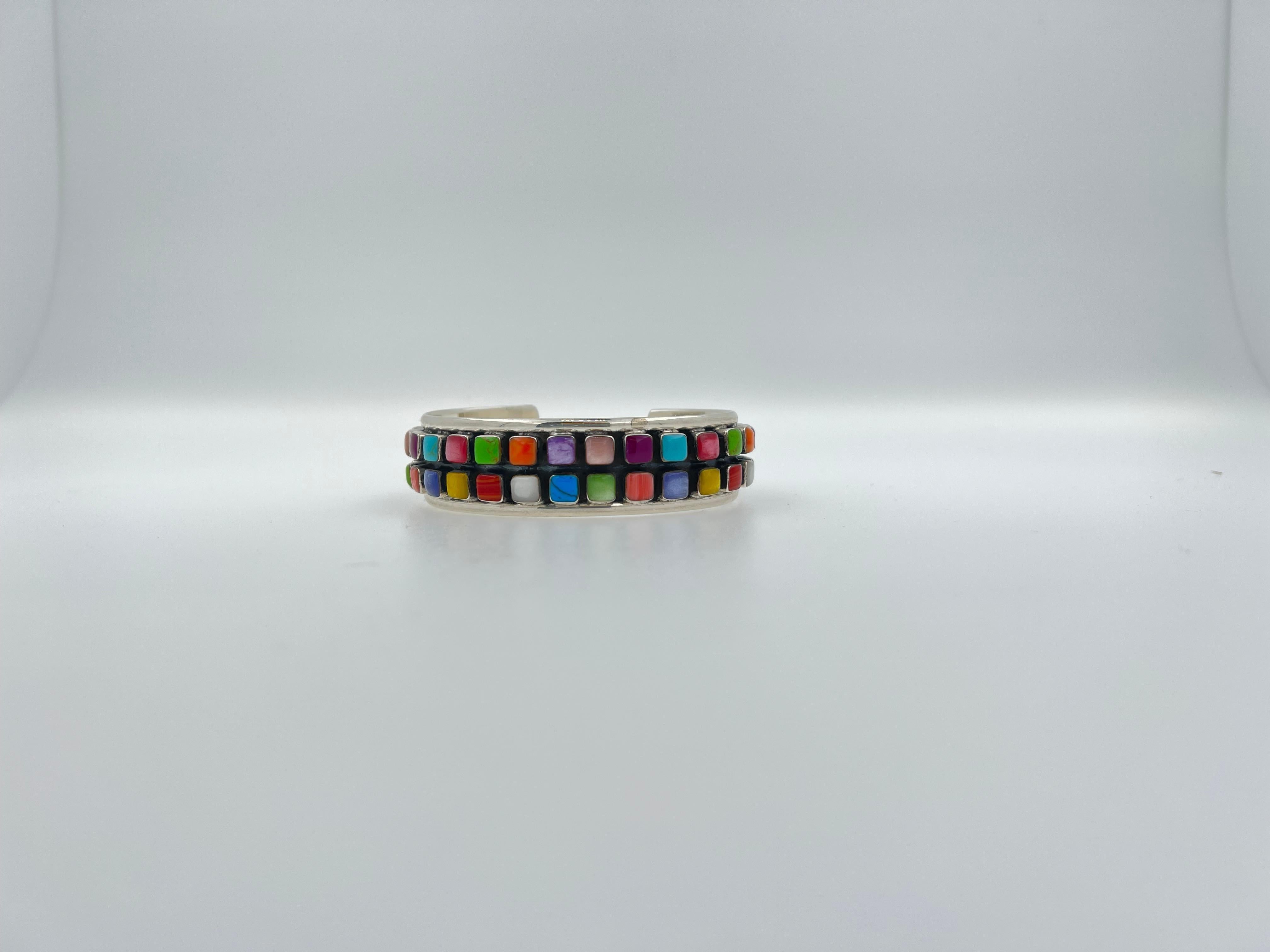 Geometric Colored Rainbow Cab Gemstone Sterling Silver Wide Cuff Bangle Bracelet For Sale 1