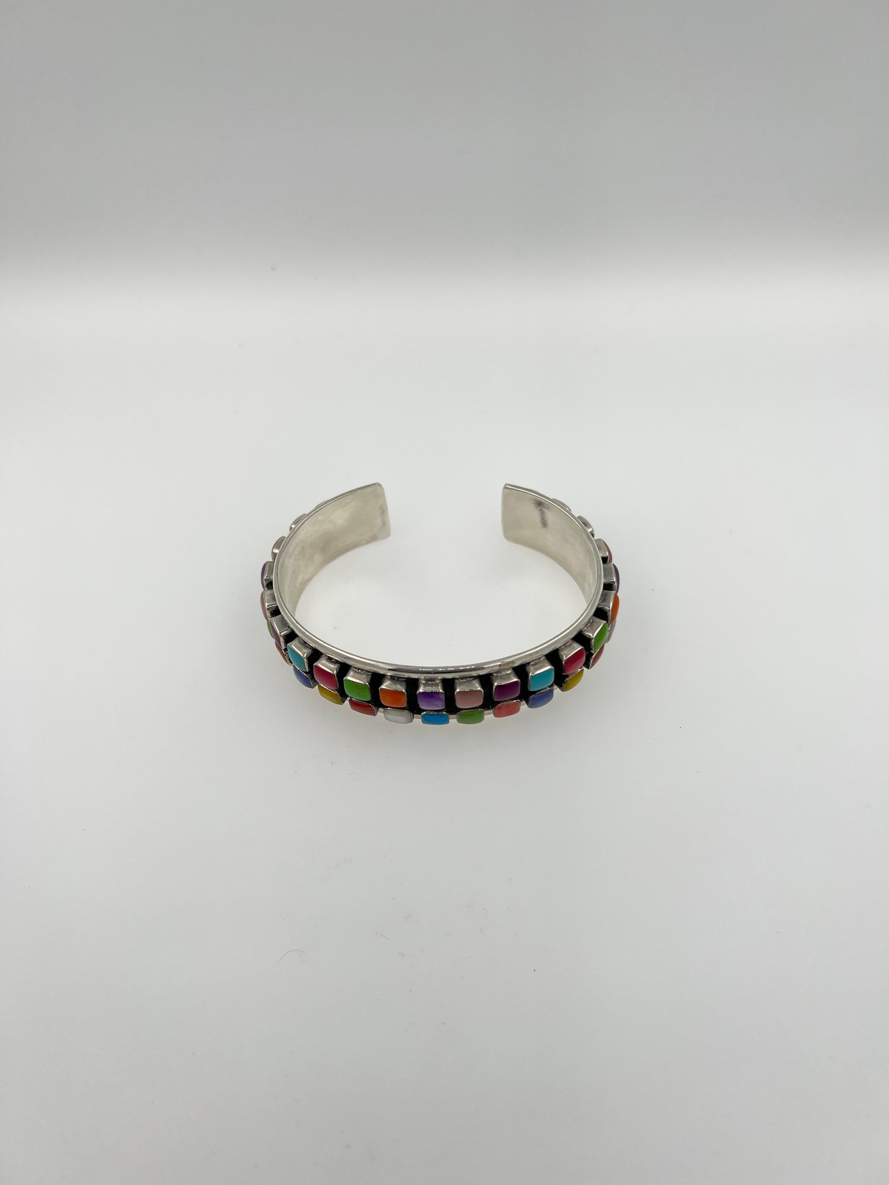 Geometric Colored Rainbow Cab Gemstone Sterling Silver Wide Cuff Bangle Bracelet For Sale 2