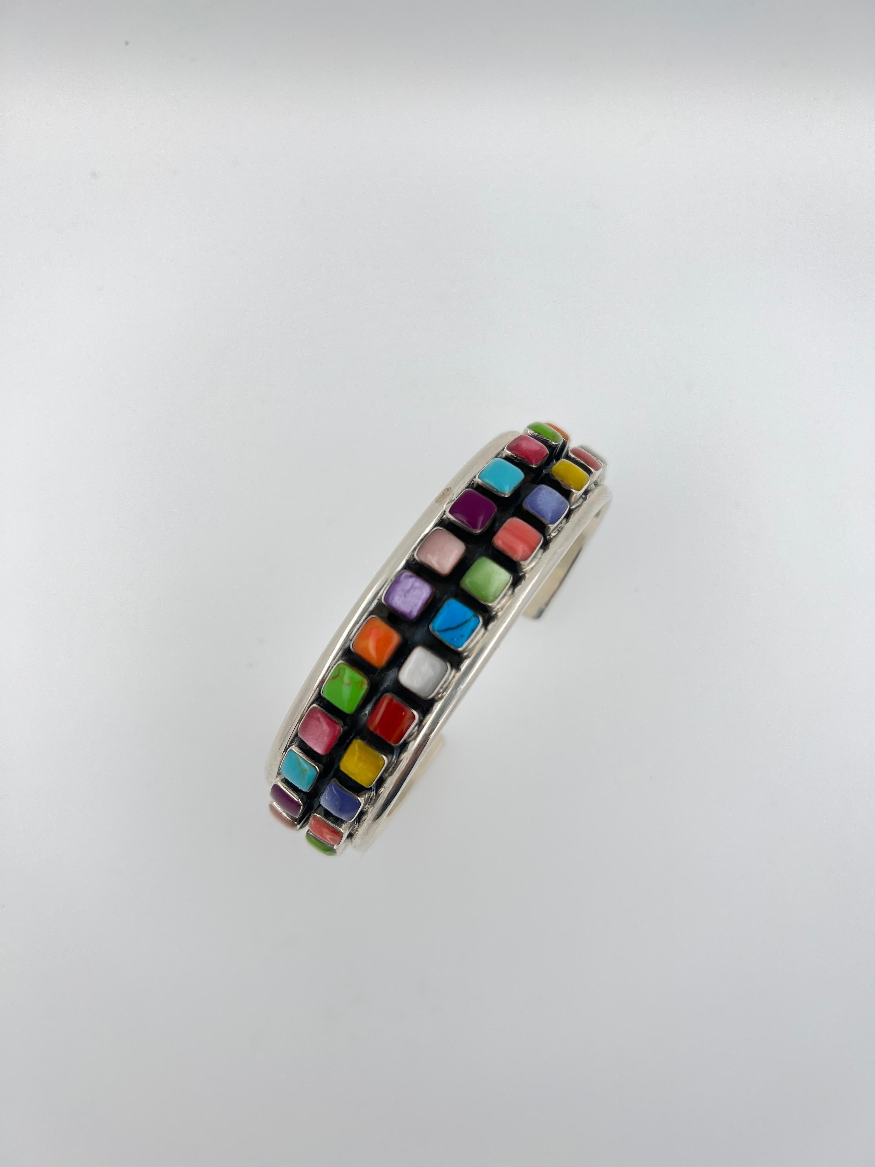 Geometric Colored Rainbow Cab Gemstone Sterling Silver Wide Cuff Bangle Bracelet For Sale 4