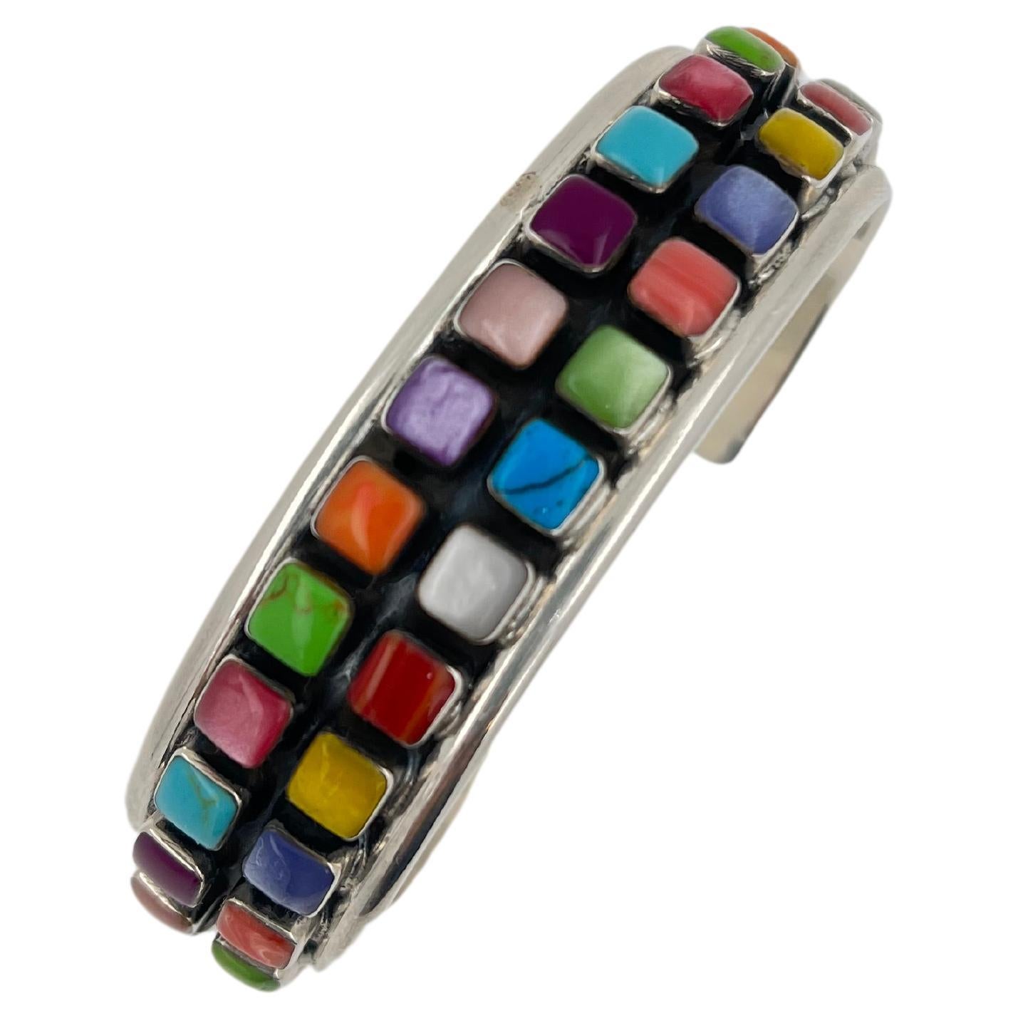 Geometric Colored Rainbow Cab Gemstone Sterling Silver Wide Cuff Bangle Bracelet For Sale