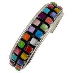Geometric Colored Rainbow Cab Gemstone Sterling Silver Wide Cuff Bangle Bracelet