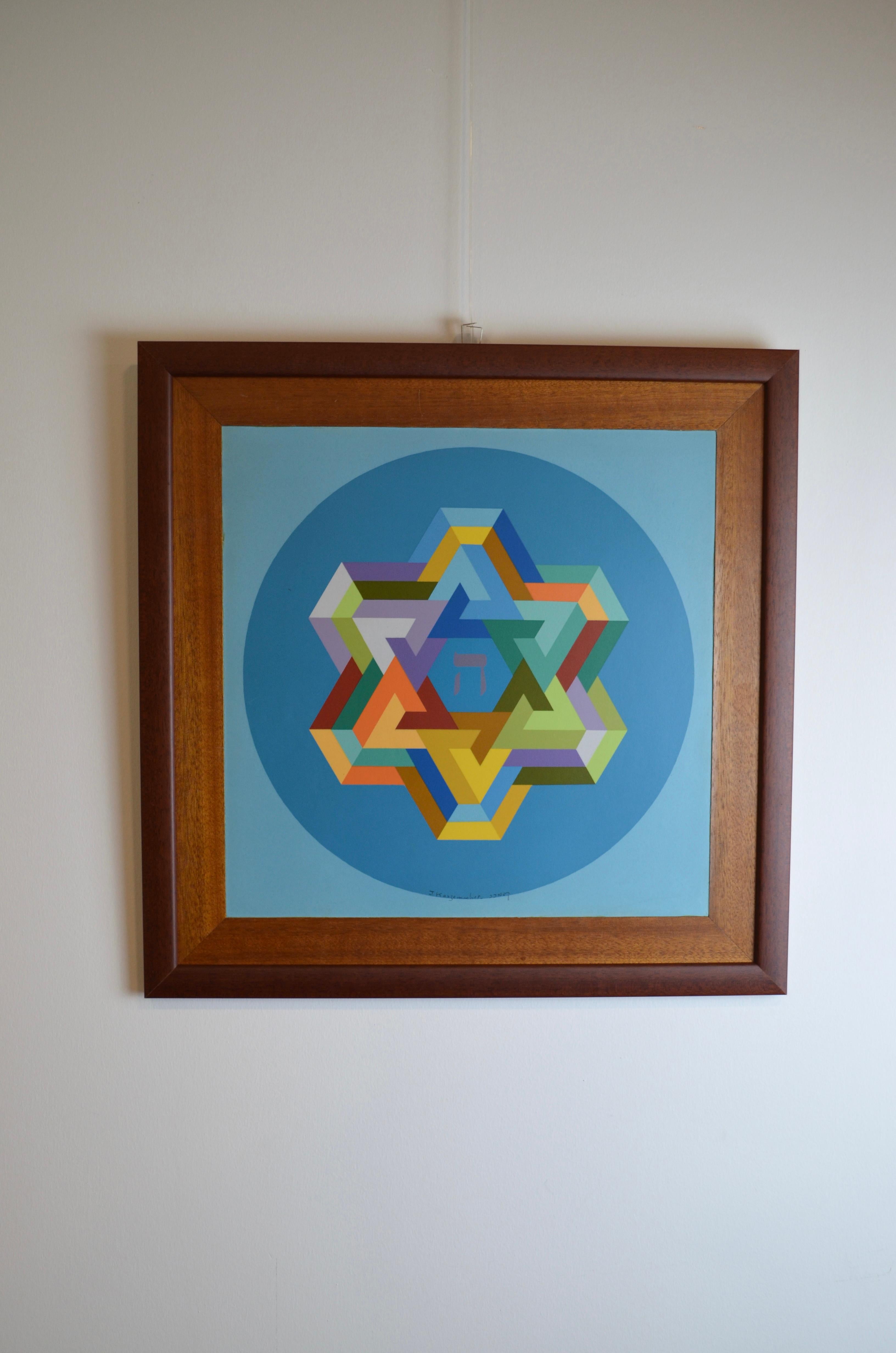 Künstler: Yaakov Kaszemacher (1941 - 2011)
Technik: Acryl auf Papier, montiert auf Holz
Abmessungen: Höhe 46 cm x Breite 46,5 cm
ohne den Rahmen: 34 x 34,5 cm
Datum: 1970er/1980er Jahre
vom Künstler signiert

Dieses lebendige Werk von Yaakov