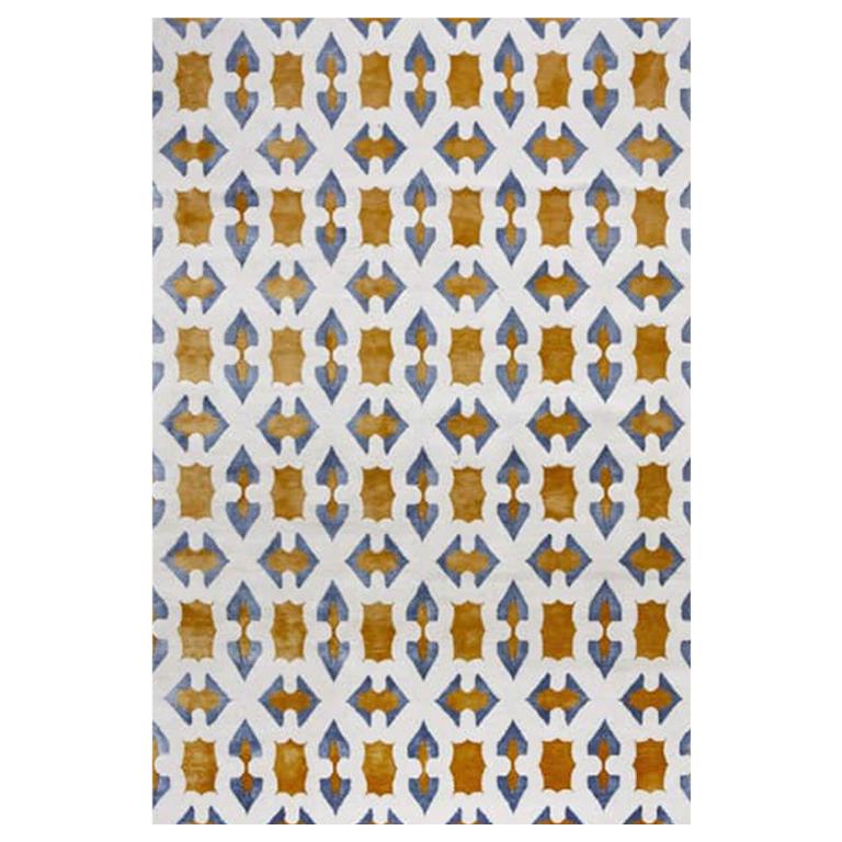 Geometric Contemporary Area Rug Blue Yellow, Handmade Wool Silk, Byzantine