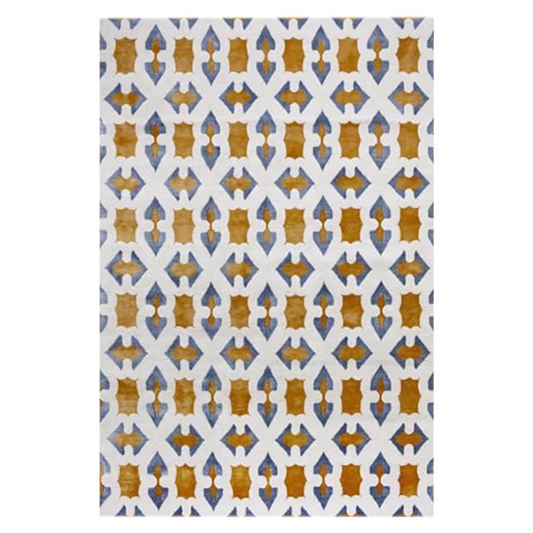 Tapis géométrique contemporain bleu et jaune en soie de laine, fait à la main, byzantin en vente
