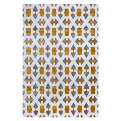 Geometric Contemporary Area Rug in Blue Yellow, Handmade of Wool Silk, Byzantin