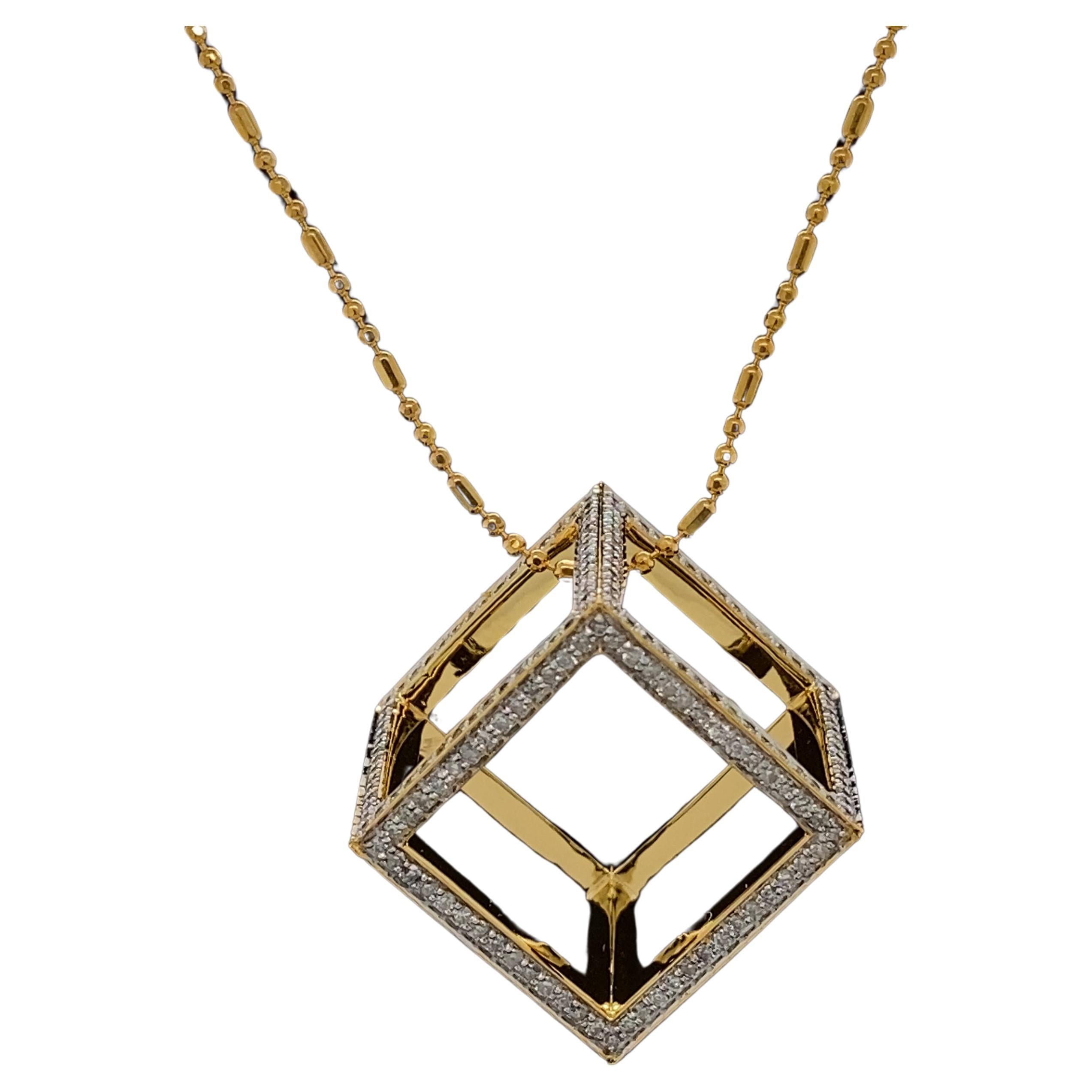 3D Cube Diamond Pendant in 18k Solid Gold For Sale