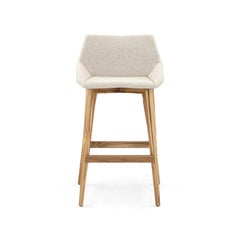 Geometric Bar Stool with Teak Wood Base and Oatmeal Fabric Upholstery, Cubi Line