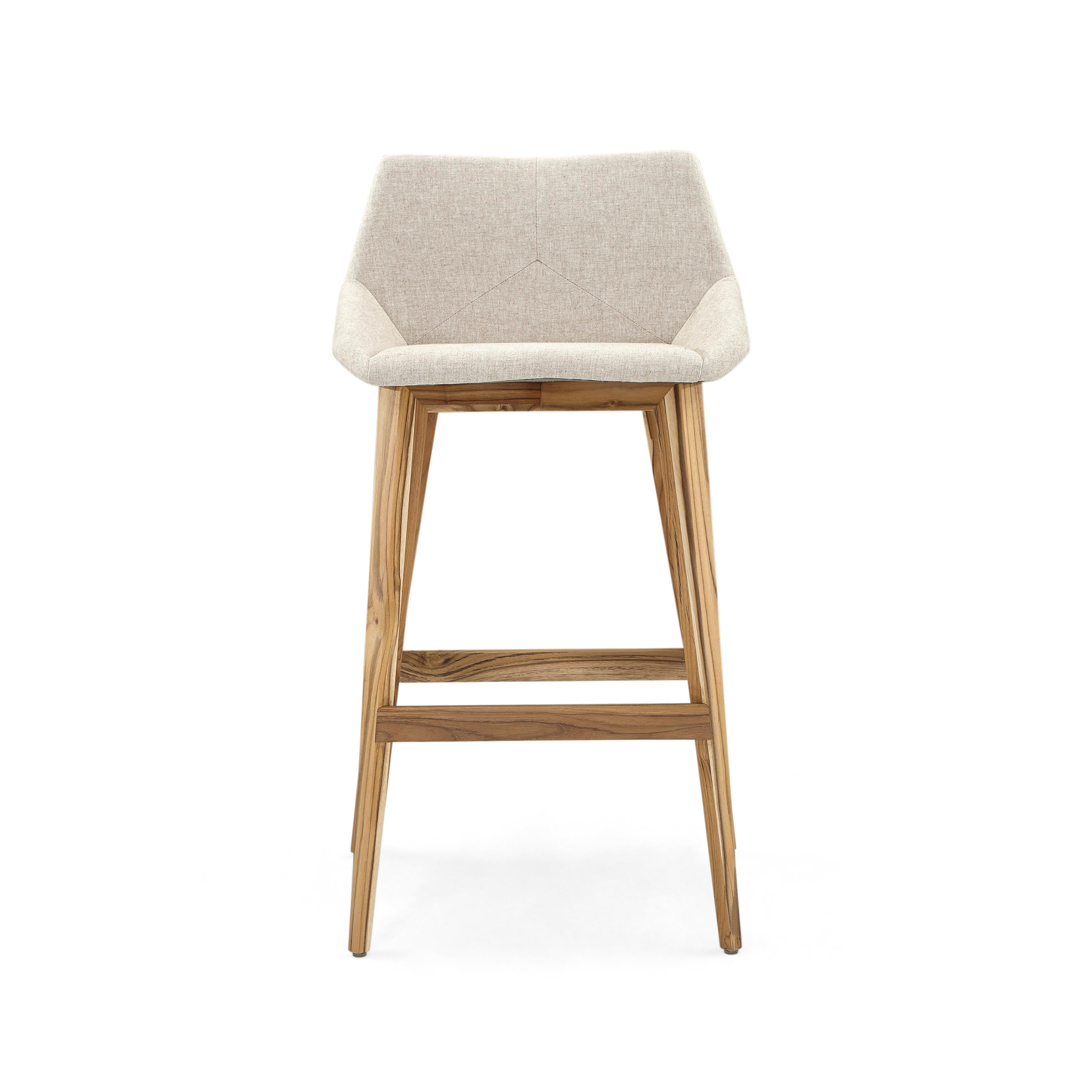 Brazilian Geometric Cubi Bar Stool with Teak Wood Finish Base and Oatmeal Fabric Seat For Sale