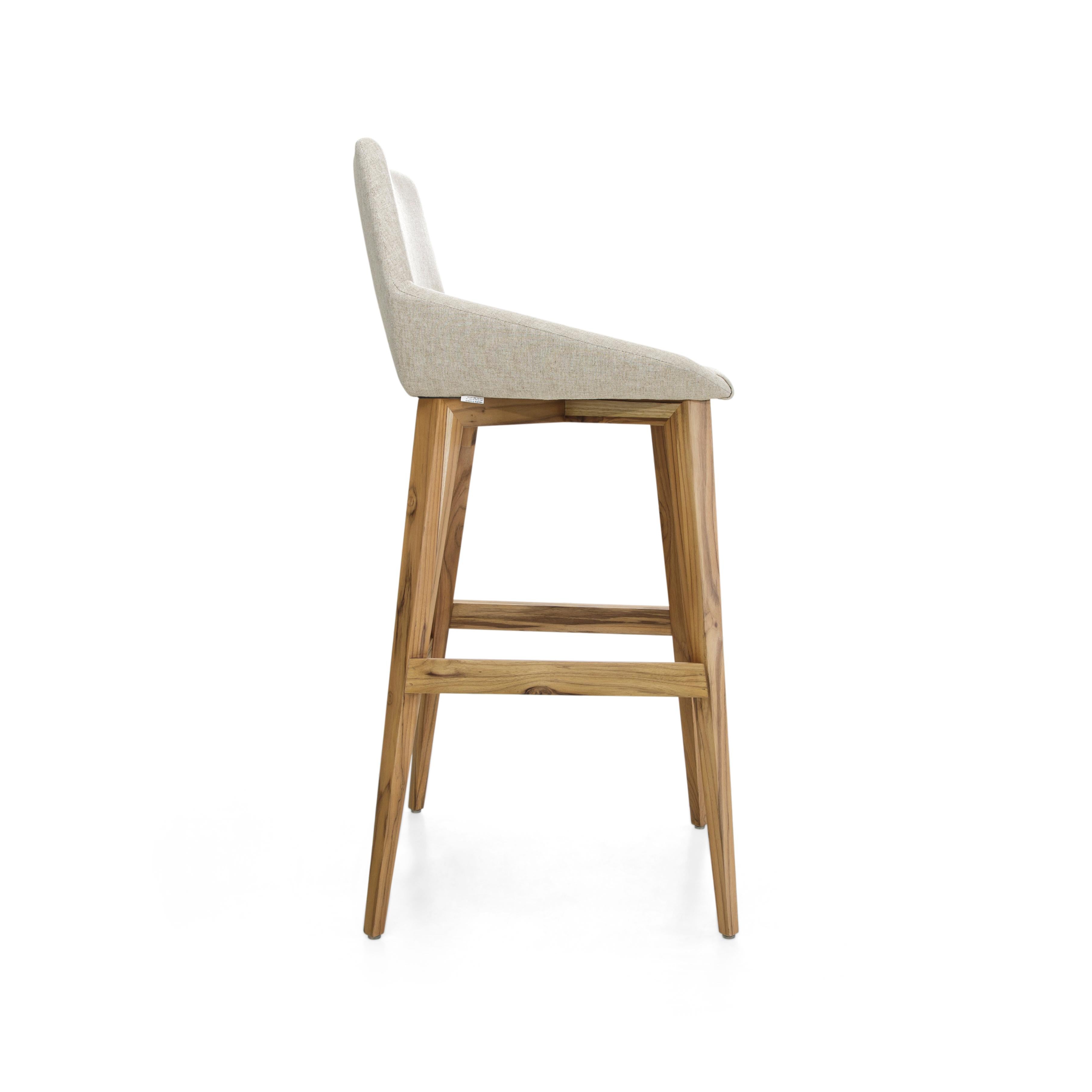 Geometric Cubi Bar Stool with Teak Wood Finish Base and Oatmeal Fabric Seat In New Condition For Sale In Miami, FL