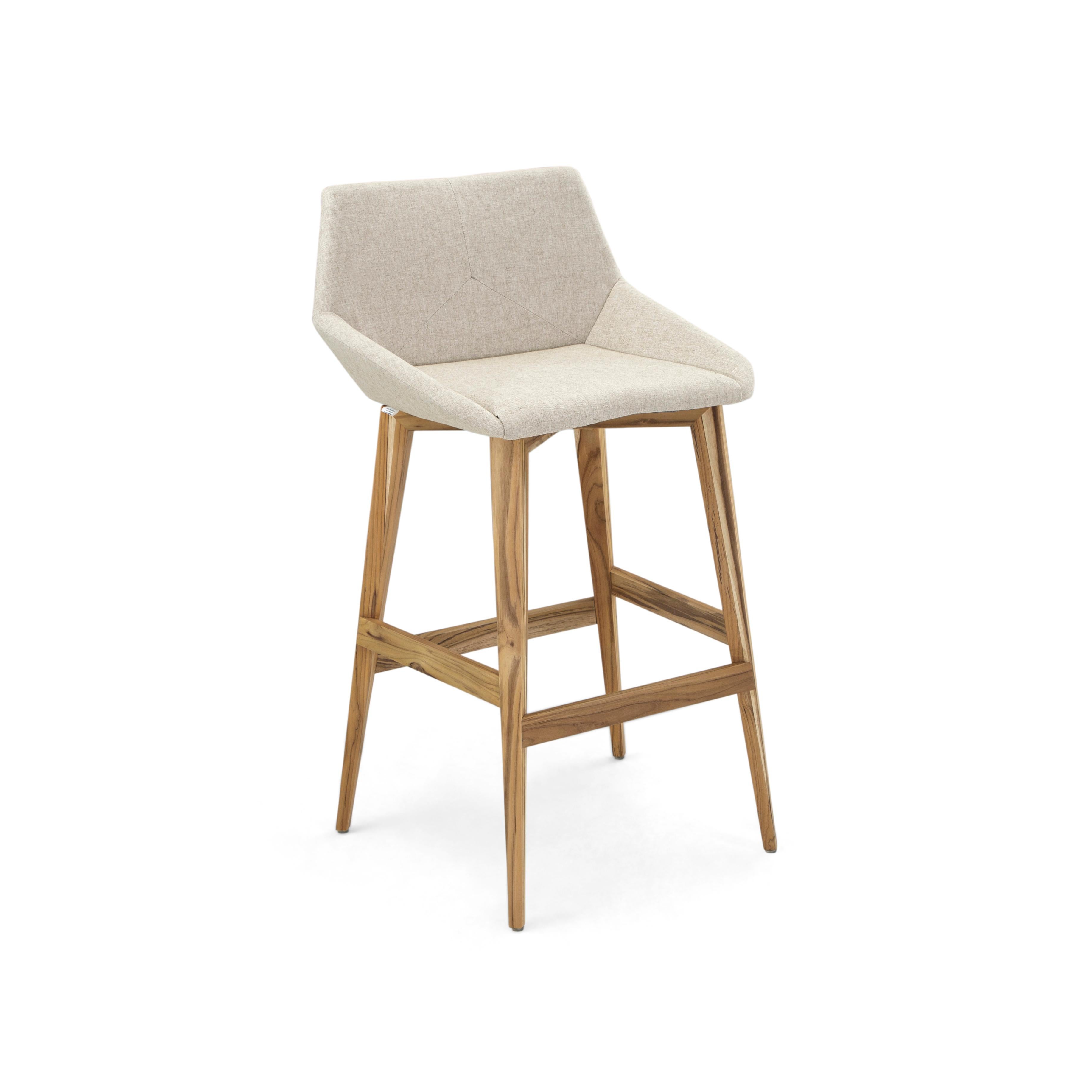 Contemporary Geometric Cubi Bar Stool with Teak Wood Finish Base and Oatmeal Fabric Seat For Sale