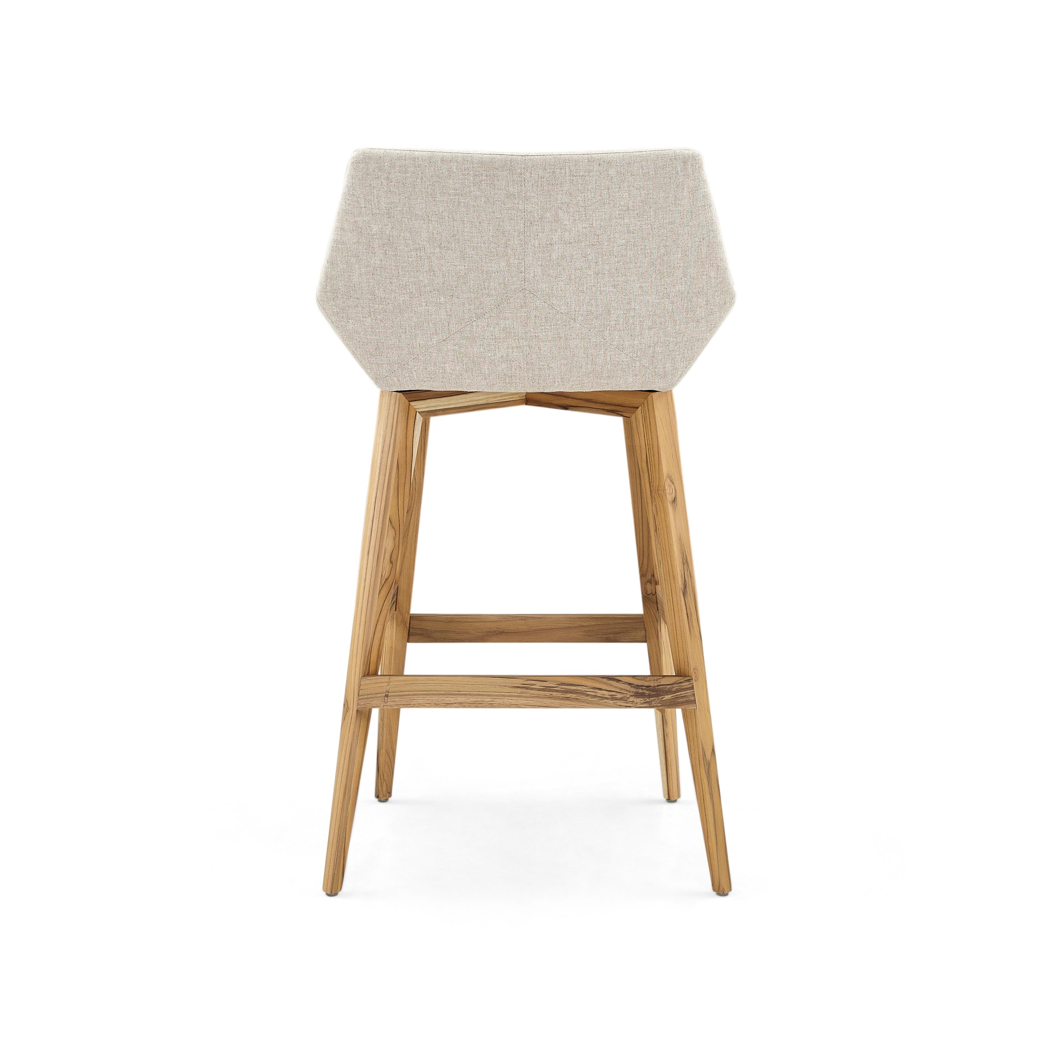 Brazilian Geometric Cubi Counter Stool Teak Wood Finish Base and Beige Fabric Seat For Sale