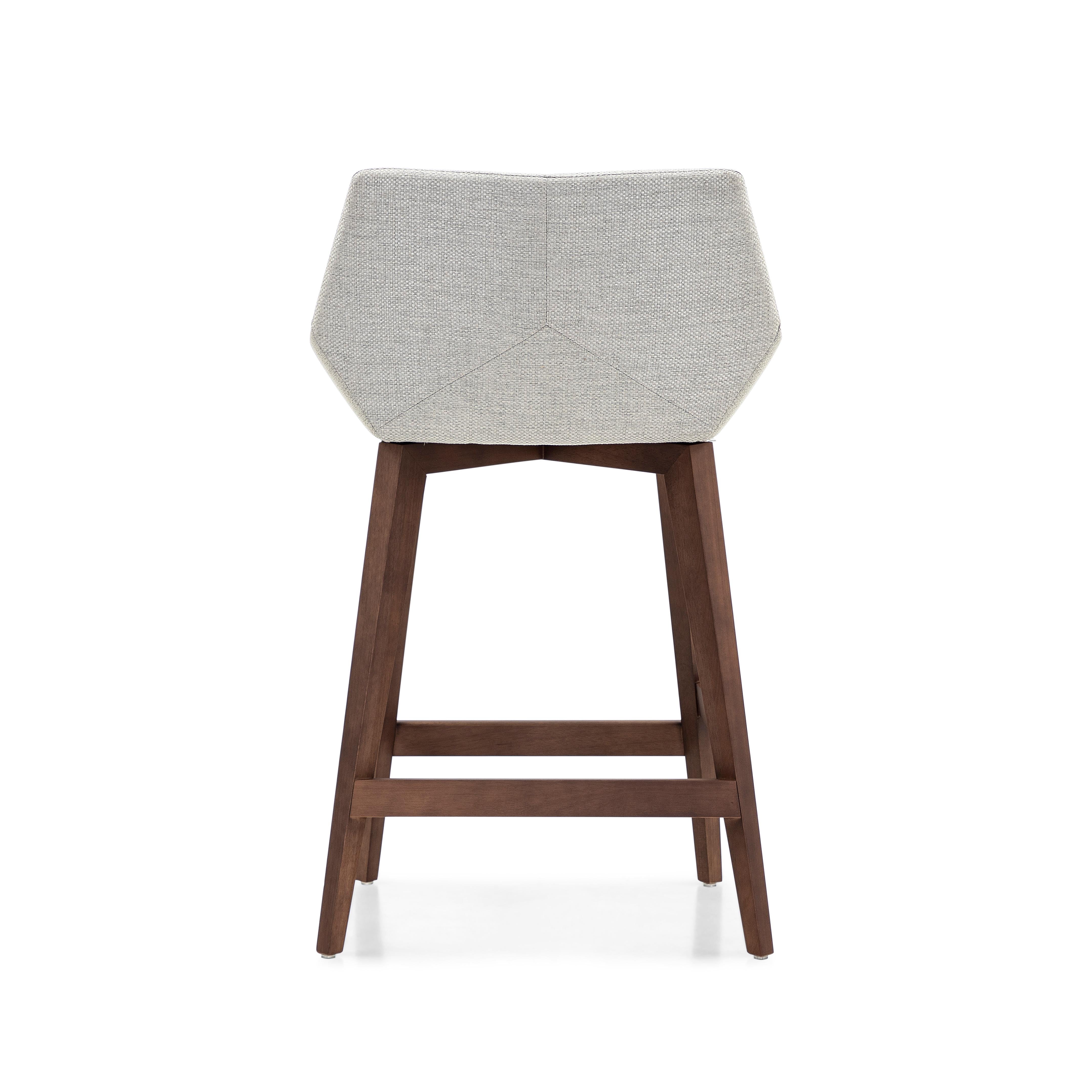 Brazilian Geometric Cubi Counter Stool Walnut Wood Base and Off-White Fabric Seat For Sale