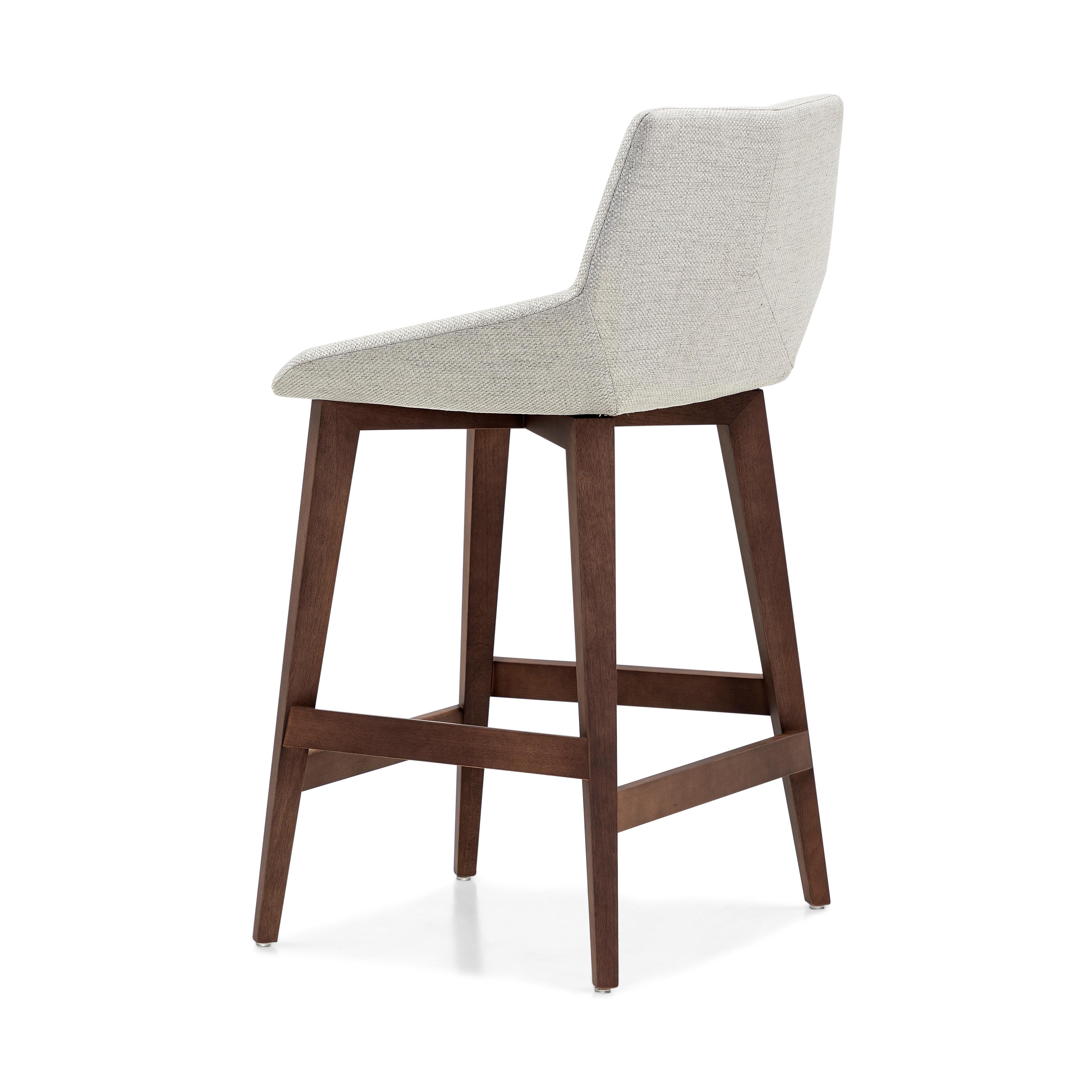 Geometric Cubi Counter Stool Walnut Wood Base and Off-White Fabric Seat In New Condition For Sale In Miami, FL