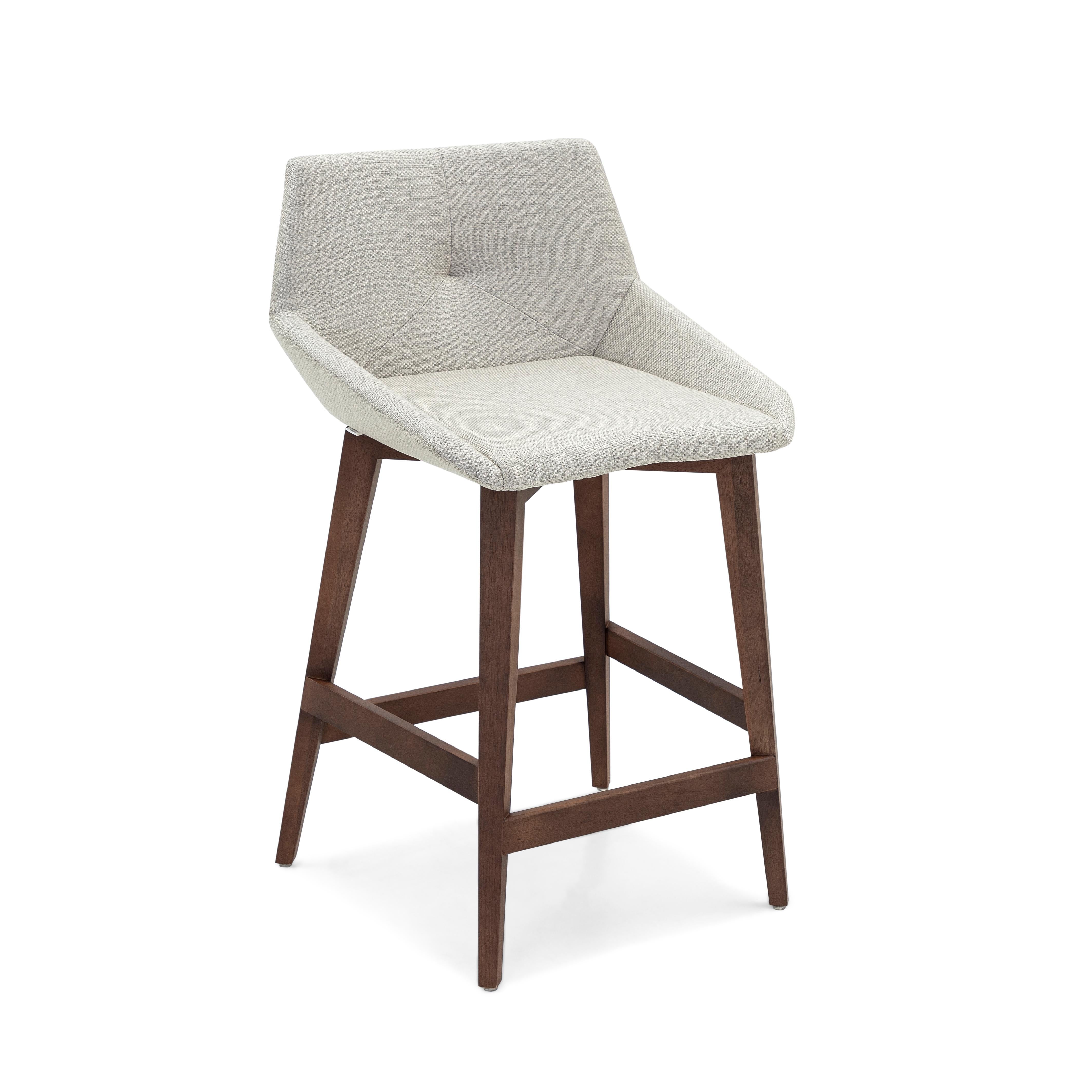 Contemporary Geometric Cubi Counter Stool Walnut Wood Base and Off-White Fabric Seat For Sale