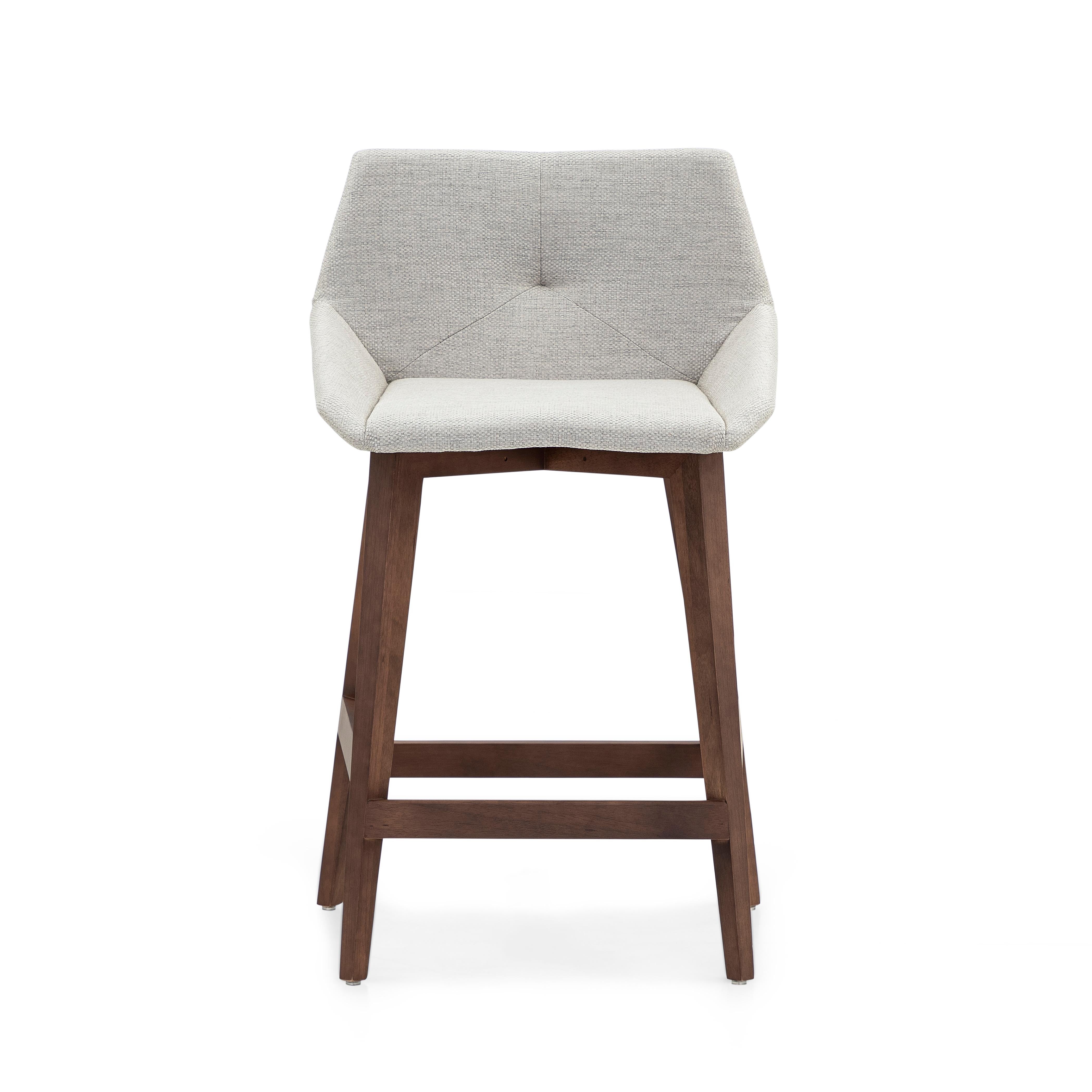 Upholstery Geometric Cubi Counter Stool Walnut Wood Base and Off-White Fabric Seat For Sale