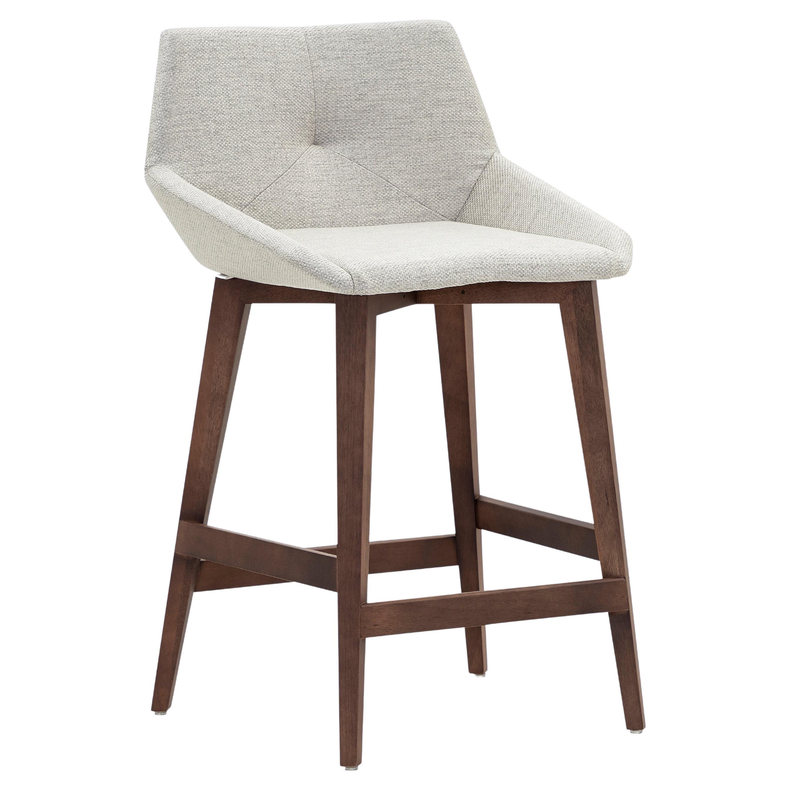 Geometric Cubi Counter Stool Walnut Wood Base and Off-White Fabric Seat For Sale