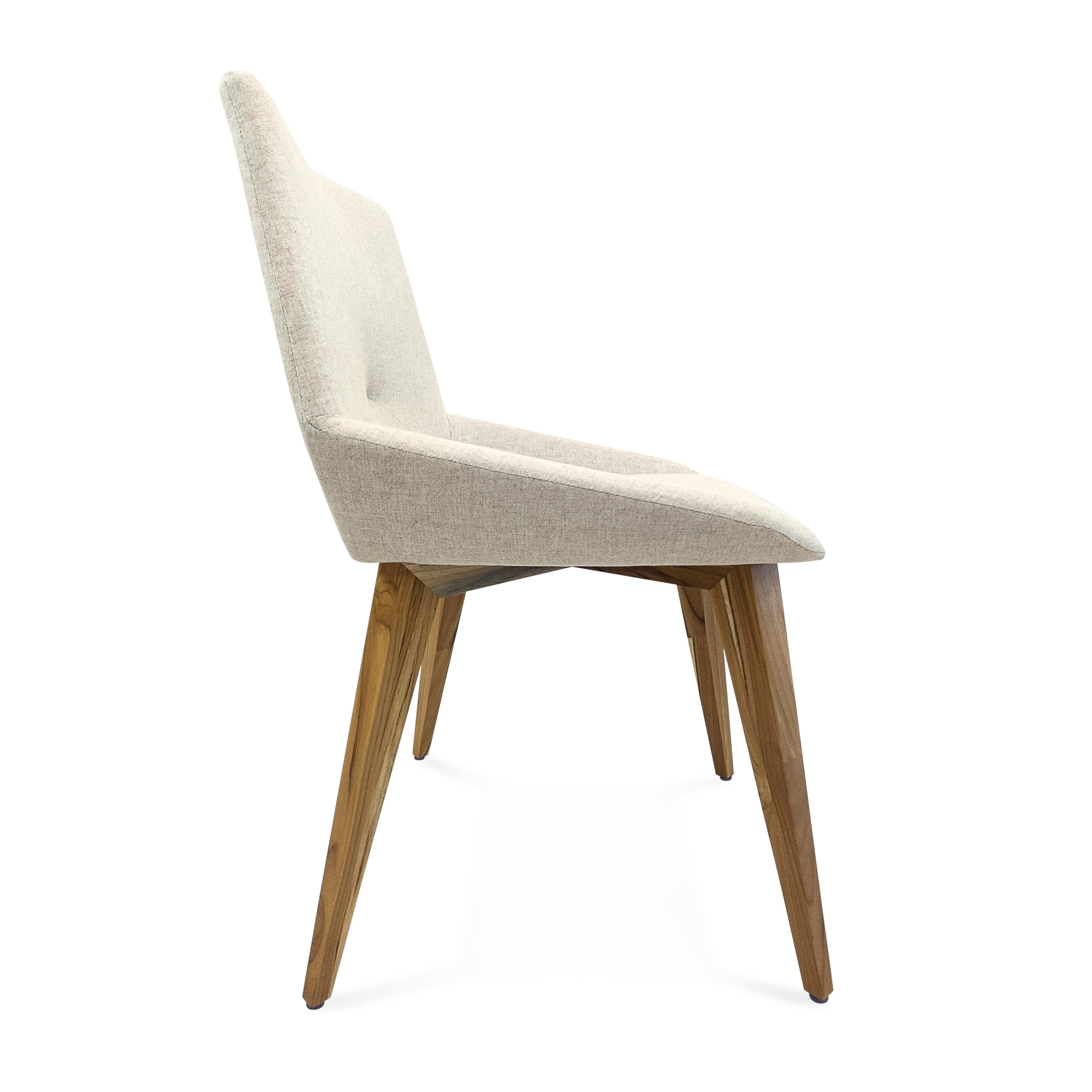 Brazilian Geometric Cubi Dining Chair with Teak Wood Finish Base and Ivory Fabric  For Sale