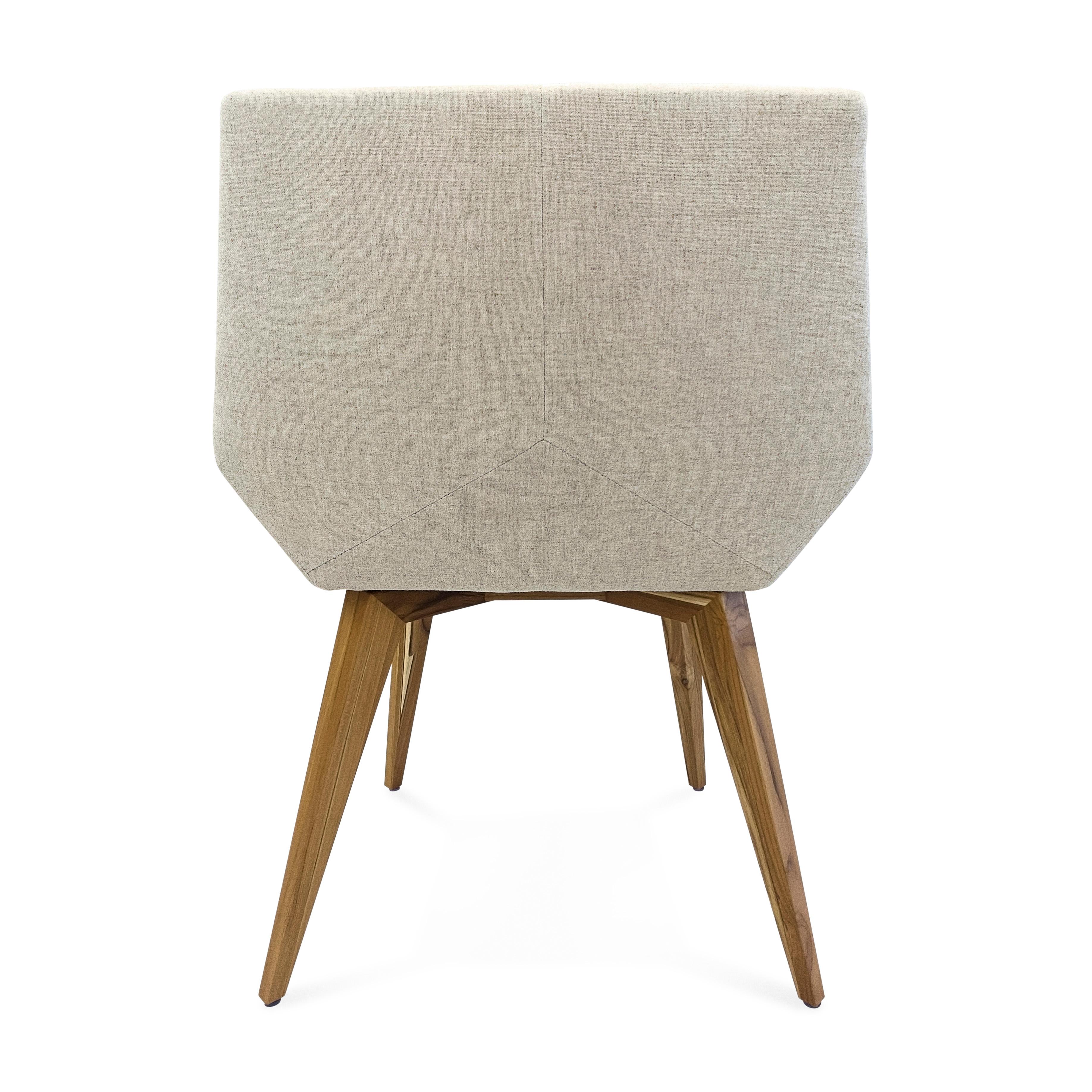 Contemporary Geometric Cubi Dining Chair with Teak Wood Finish Base and Ivory Fabric  For Sale