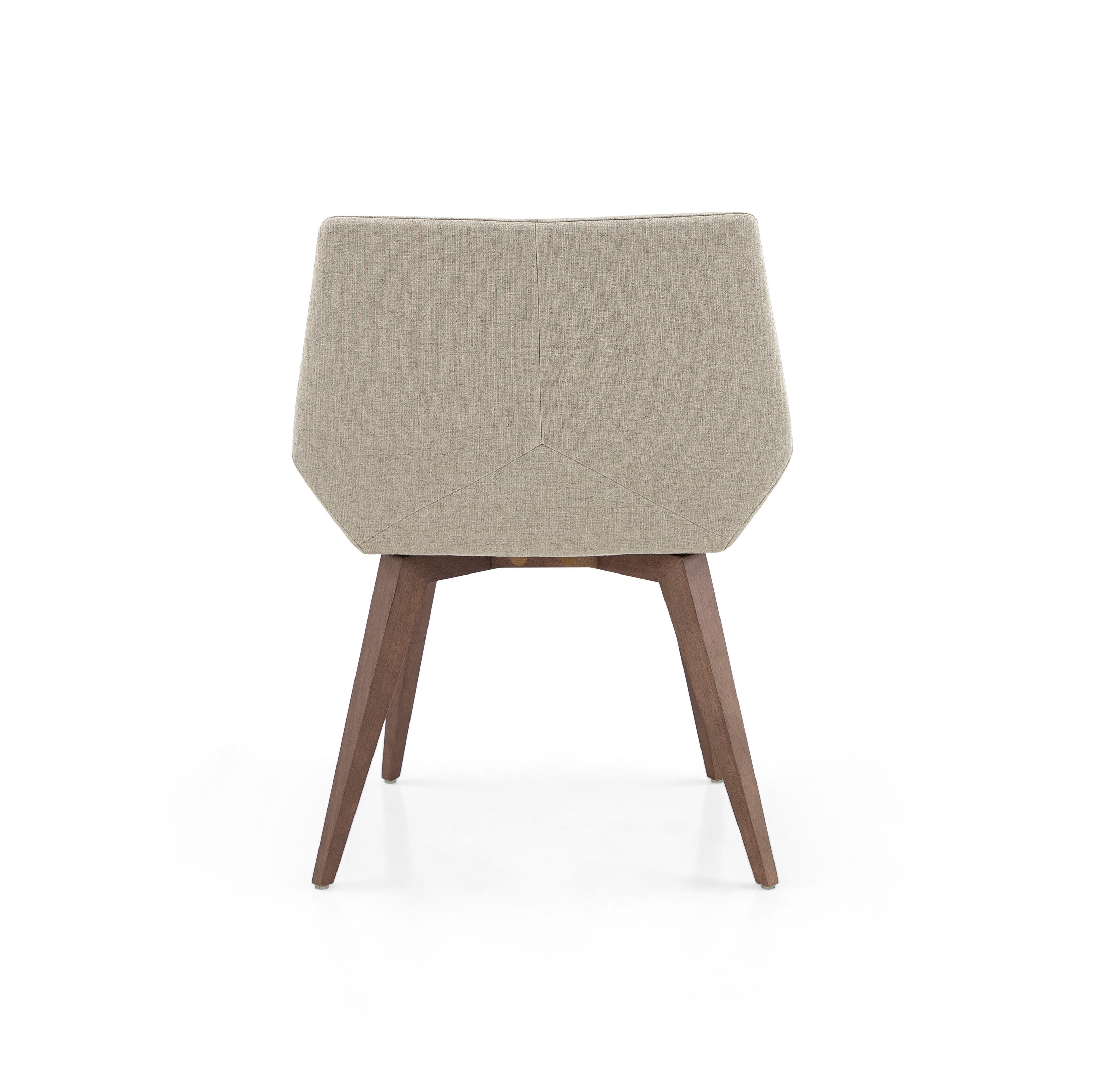 The Geometric dining chair as the name says has geometric shapes and pure lines with its walnut wooden legs with the seat all wrapped in a beautiful and soft ivory fabric. All of these small details thought by architects and designers by our Uultis