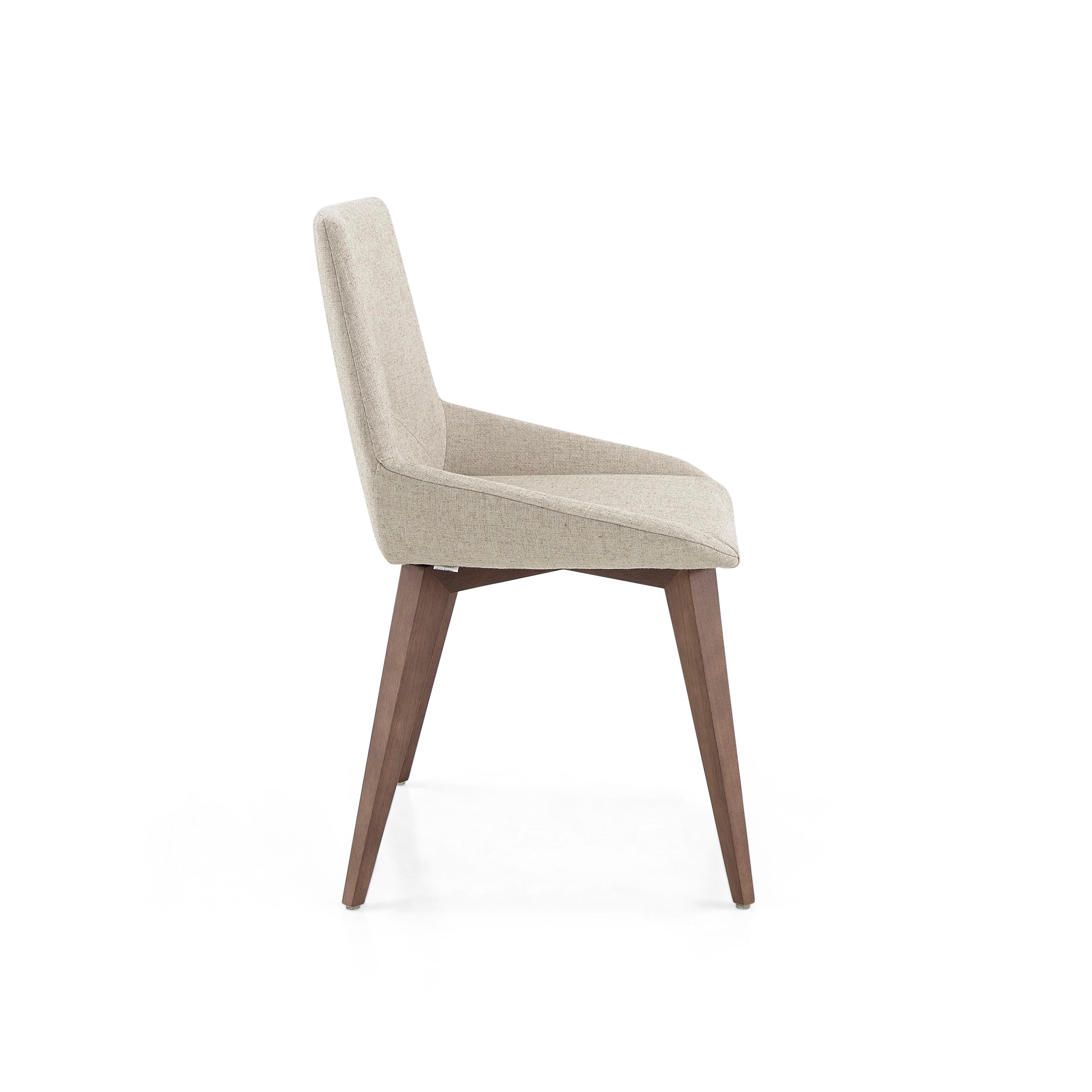 Brazilian Geometric Cubi Dining Chair with Walnut Wood Finish Base and Ivory Fabric For Sale