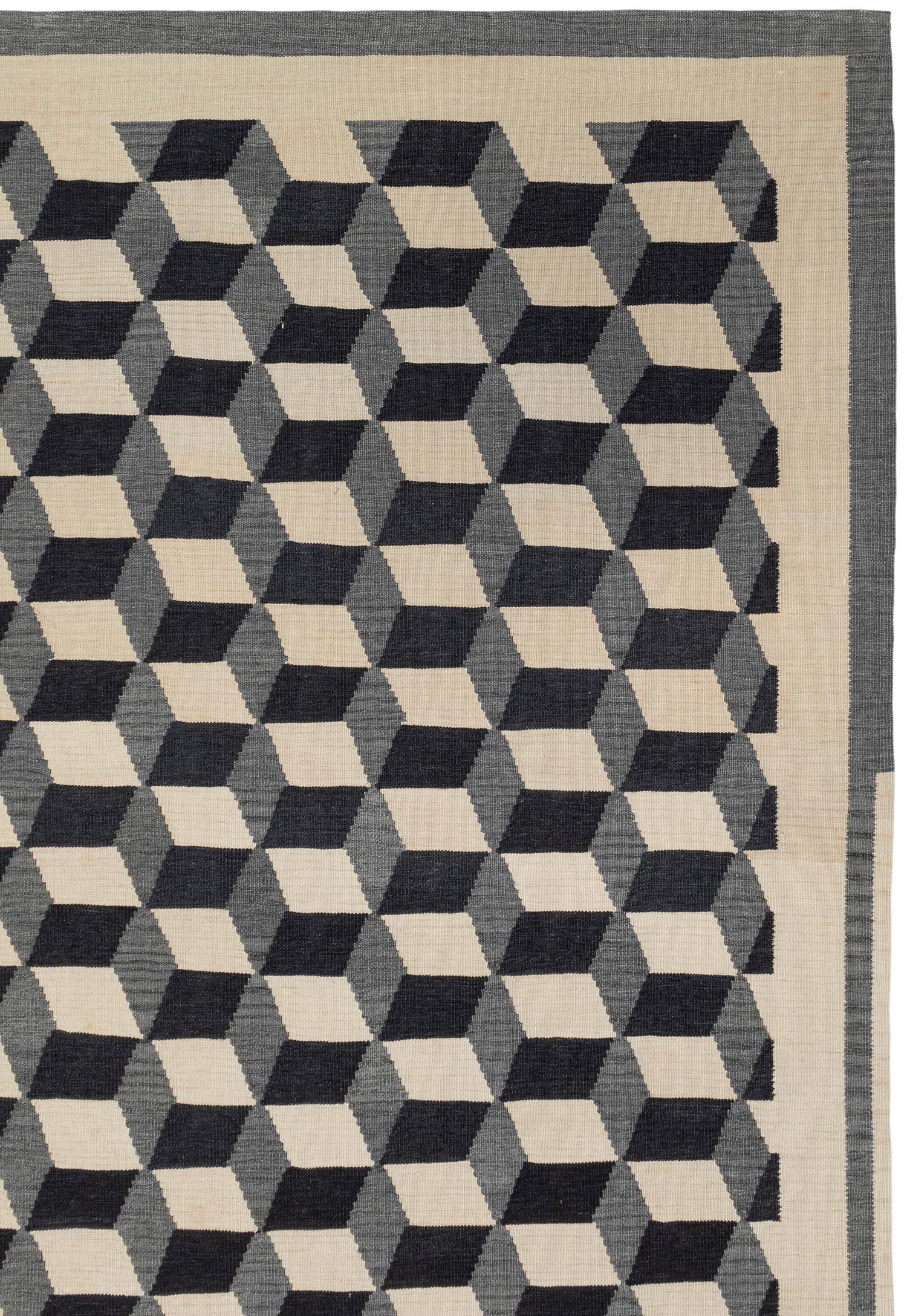 Geometric Cubist Checkered Flatweave Rug For Sale 2