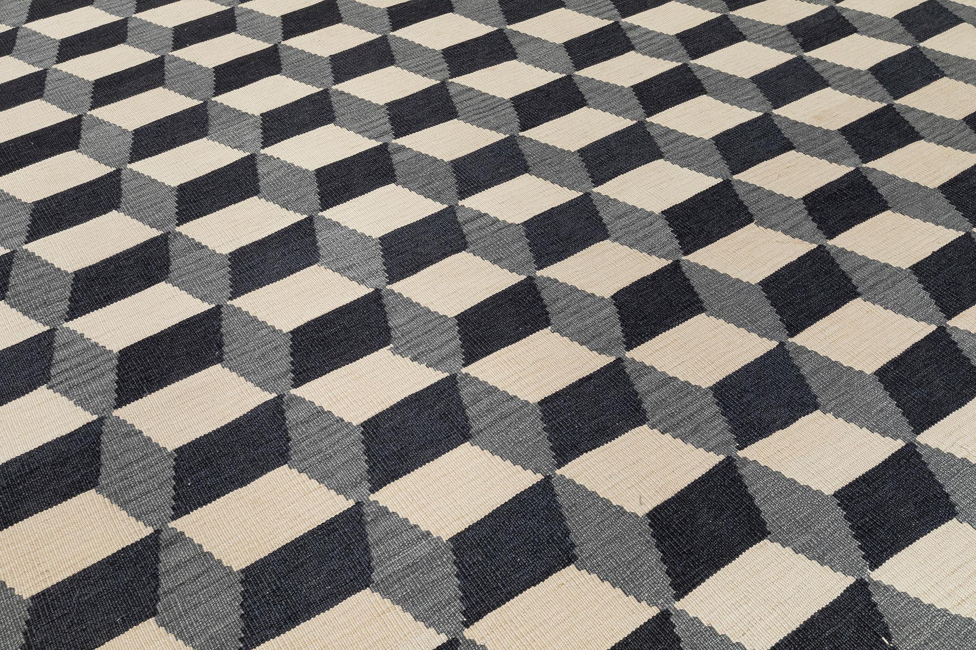 Mid-Century Modern Geometric Cubist Checkered Flatweave Rug For Sale