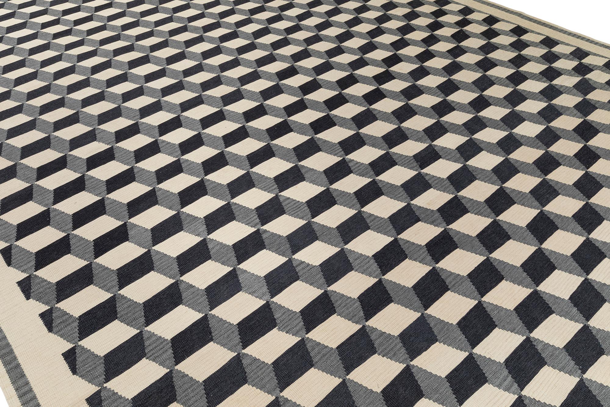 Afghan Geometric Cubist Checkered Flatweave Rug For Sale