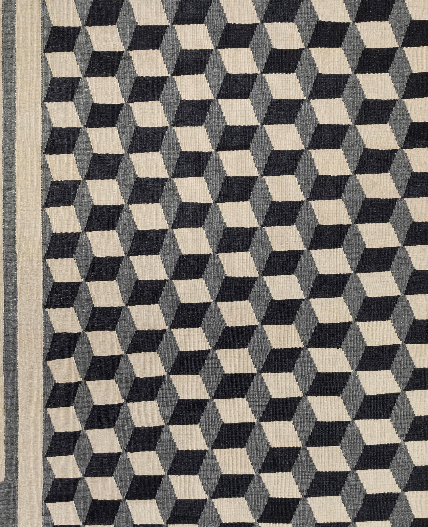 Hand-Woven Geometric Cubist Checkered Flatweave Rug For Sale
