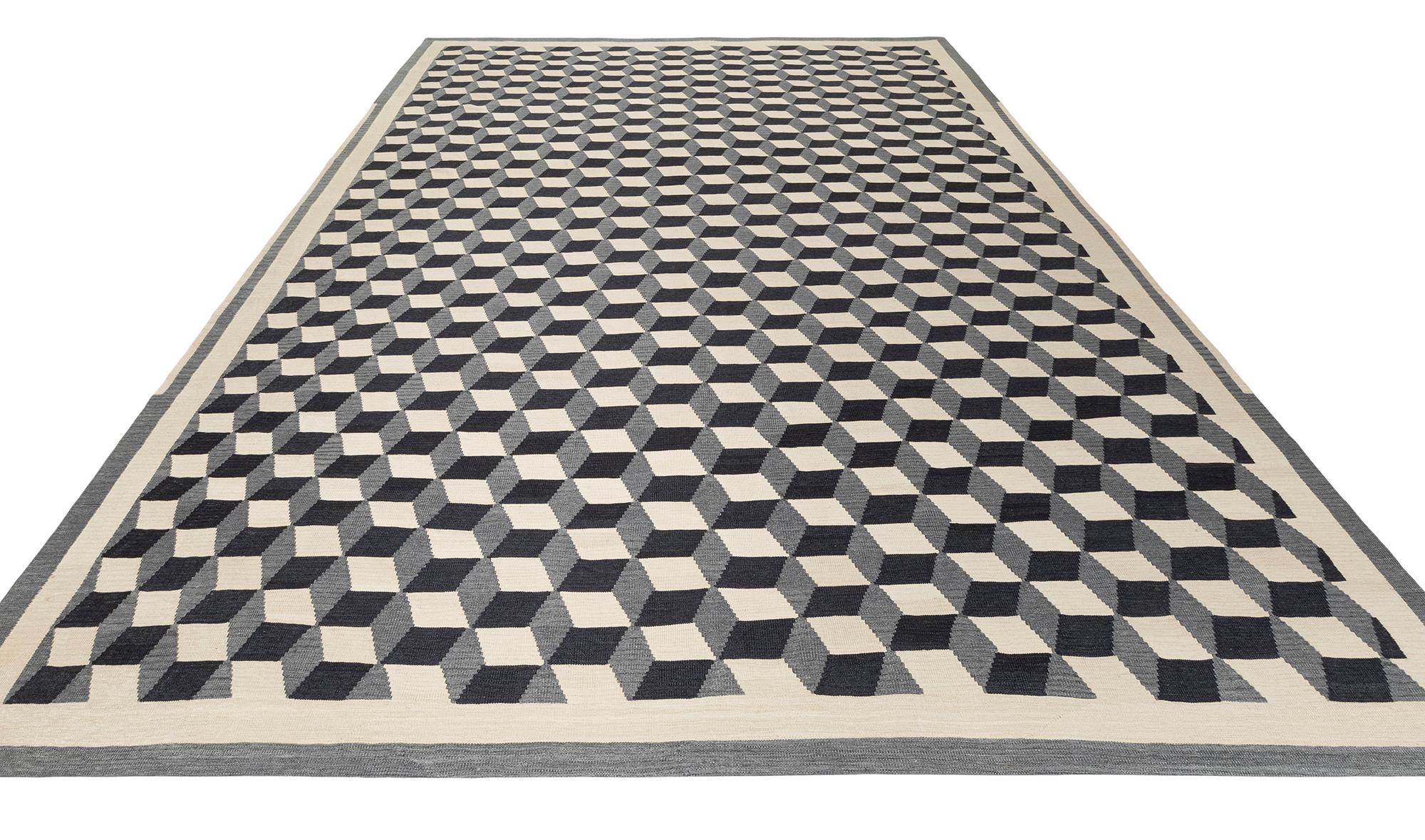 Contemporary Geometric Cubist Checkered Flatweave Rug For Sale