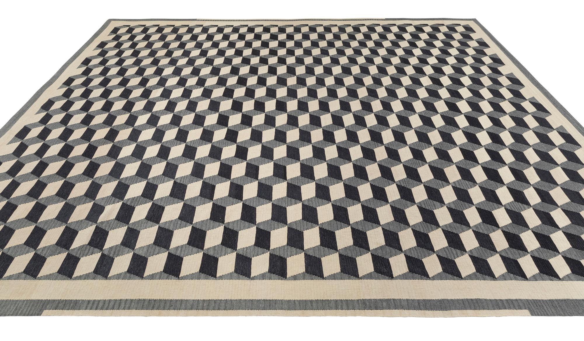 Wool Geometric Cubist Checkered Flatweave Rug For Sale