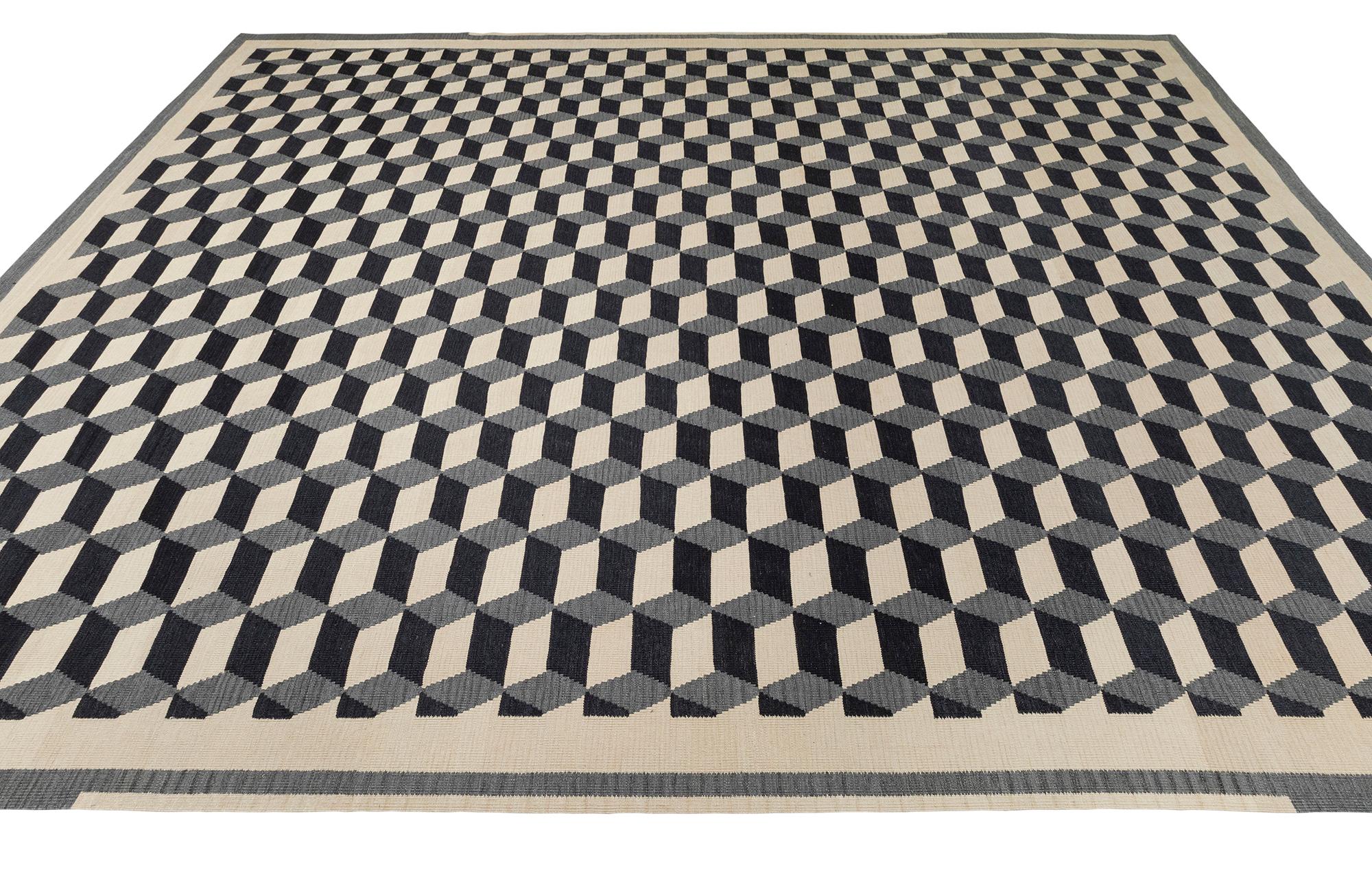Geometric Cubist Checkered Flatweave Rug For Sale 1