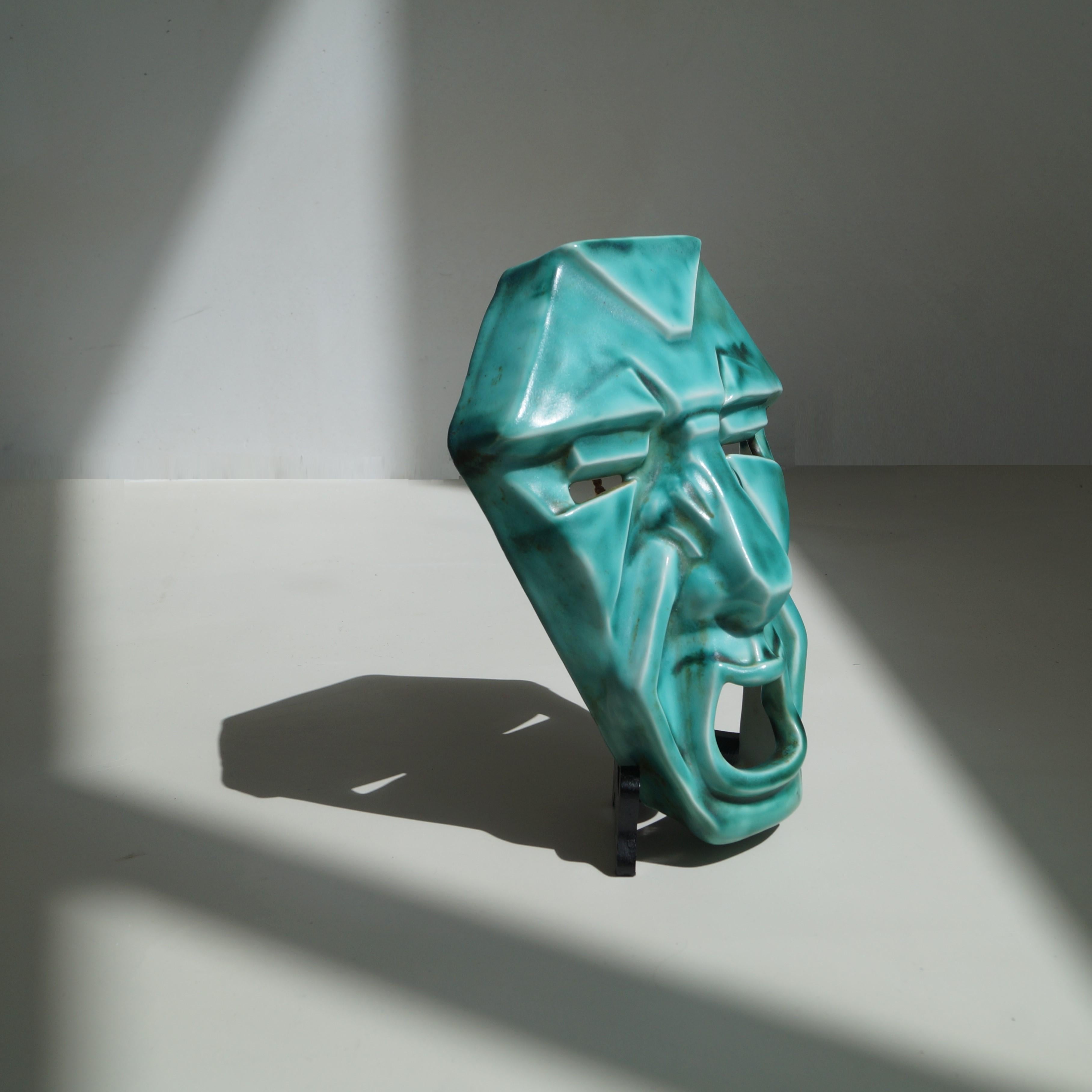 Very rare Art Deco geometric 'grotesque' face mask by Ron Birks, Newport Pottery, Burslem, England, late 1920s. There are only about 15 original grotesque mask known worldwide, and 8 of them are in one collection. A piece like this is highly sought