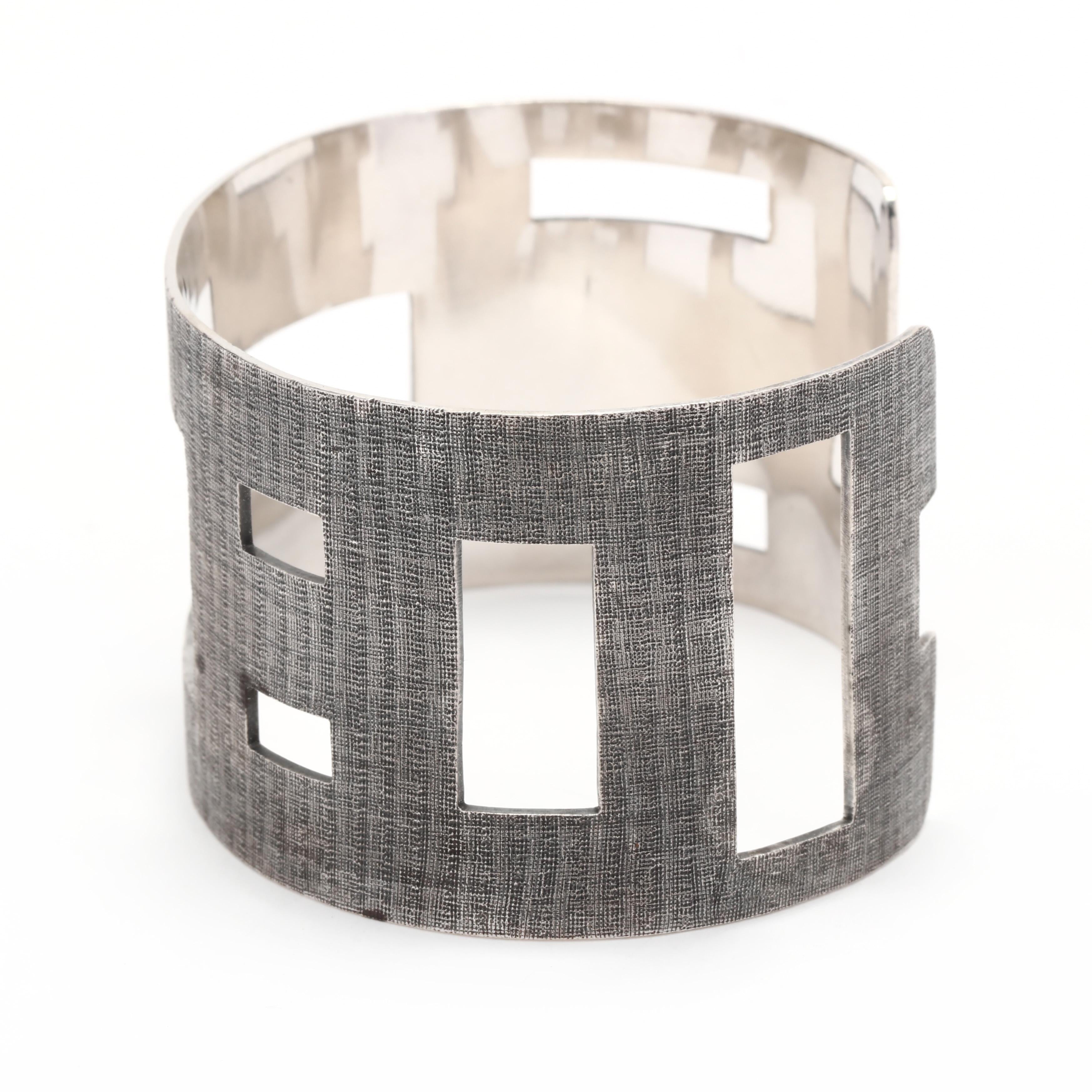Geometric Cut-Out Cuff Bracelet, Sterling Silver, Length 7.5 inch, Wide Silver In Good Condition For Sale In McLeansville, NC