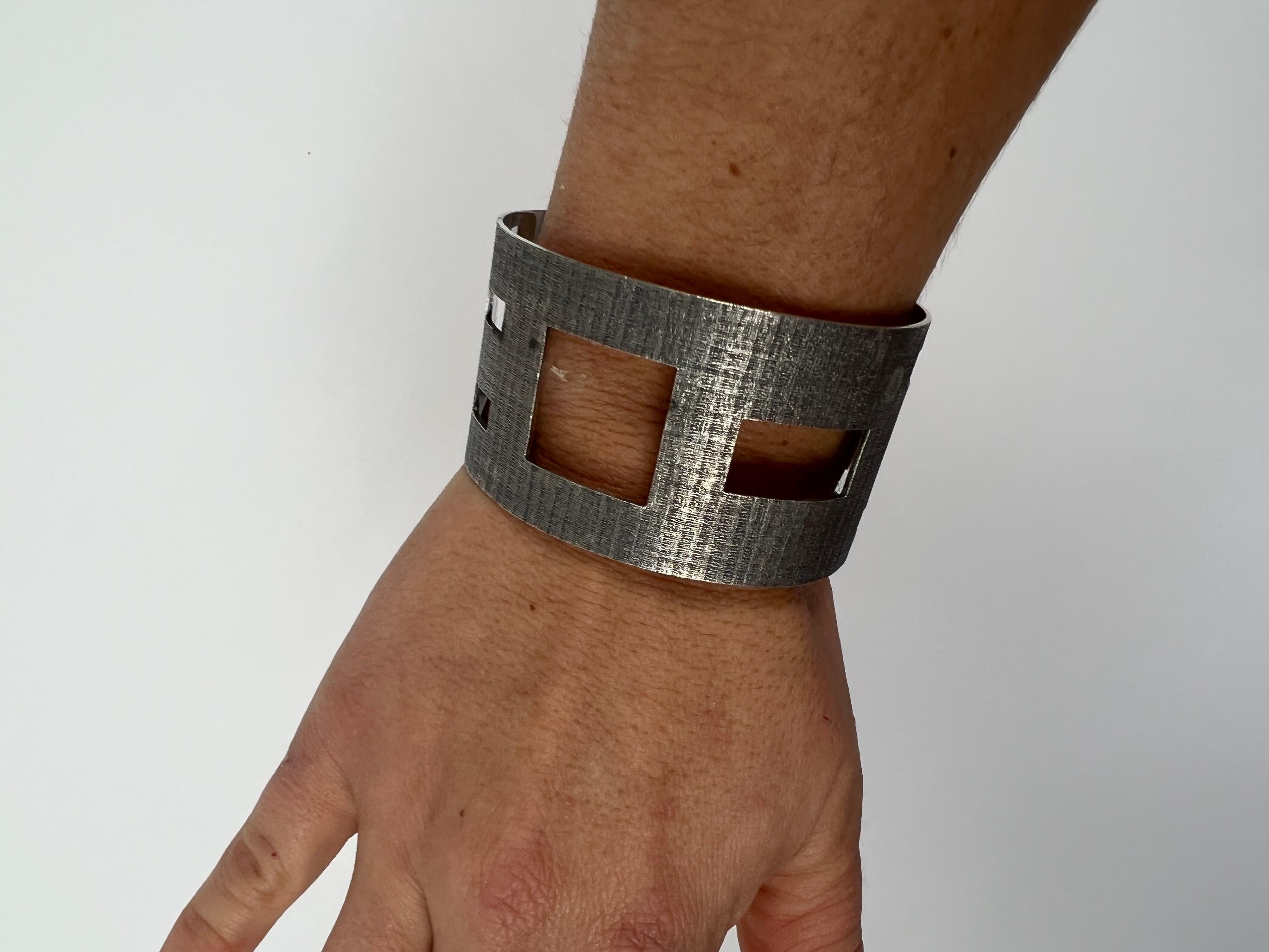 Women's or Men's Geometric Cut-Out Cuff Bracelet, Sterling Silver, Length 7.5 inch, Wide Silver For Sale