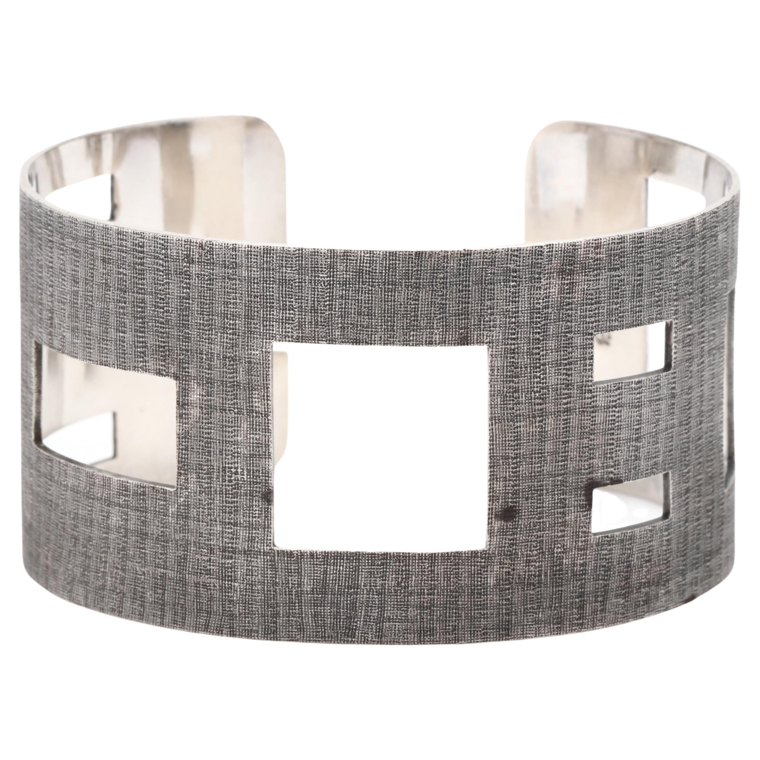 Geometric Cut-Out Cuff Bracelet, Sterling Silver, Length 7.5 inch, Wide Silver For Sale
