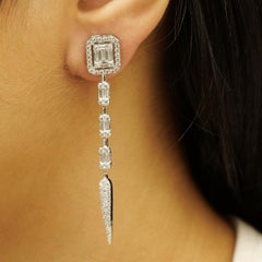 1.87 Carat Geometric Illusion Natural Diamond Dangle Earrings, 14k White Gold