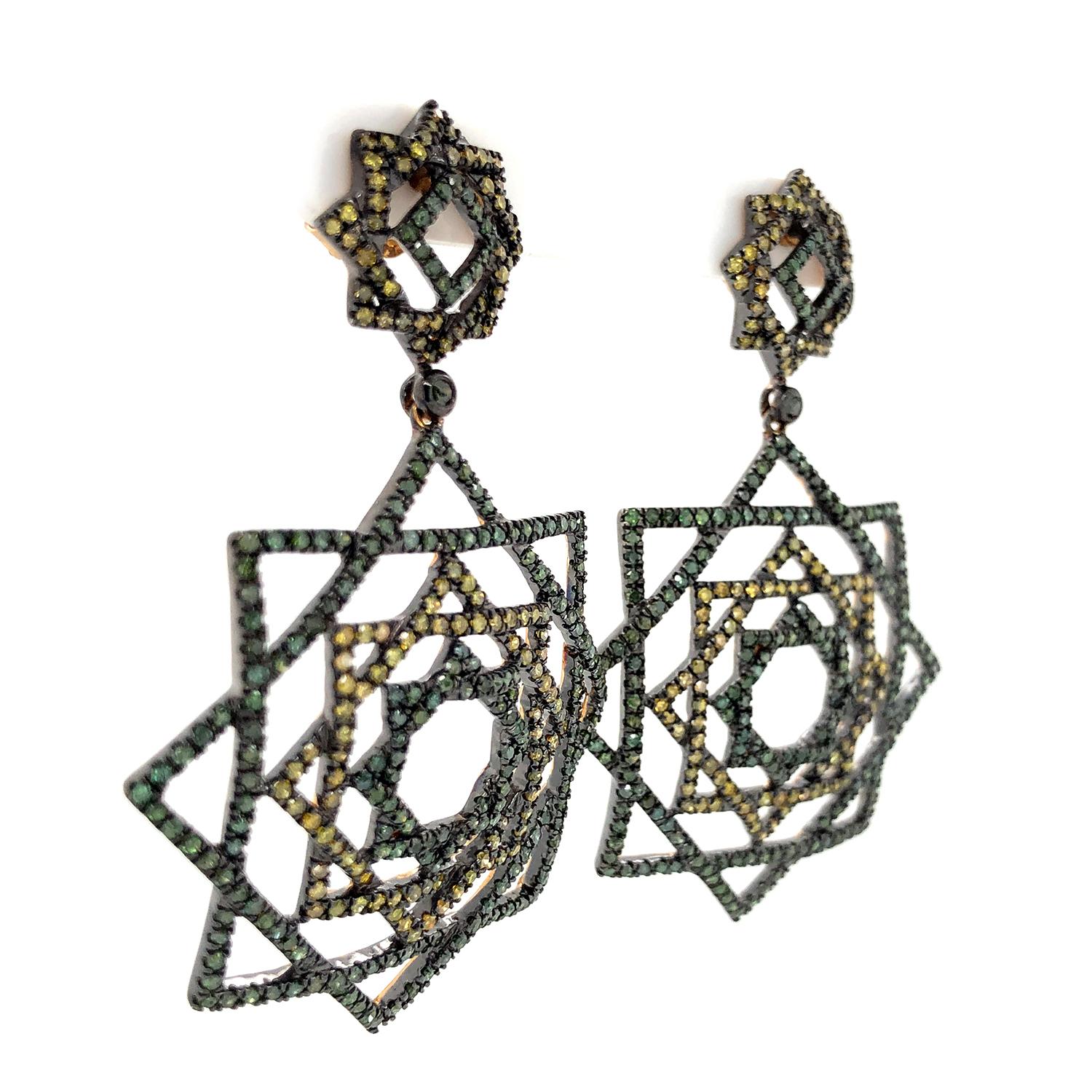 Artisan Geometric Dangle Earrings With Pave Diamonds Made In 18k Gold & Silver For Sale