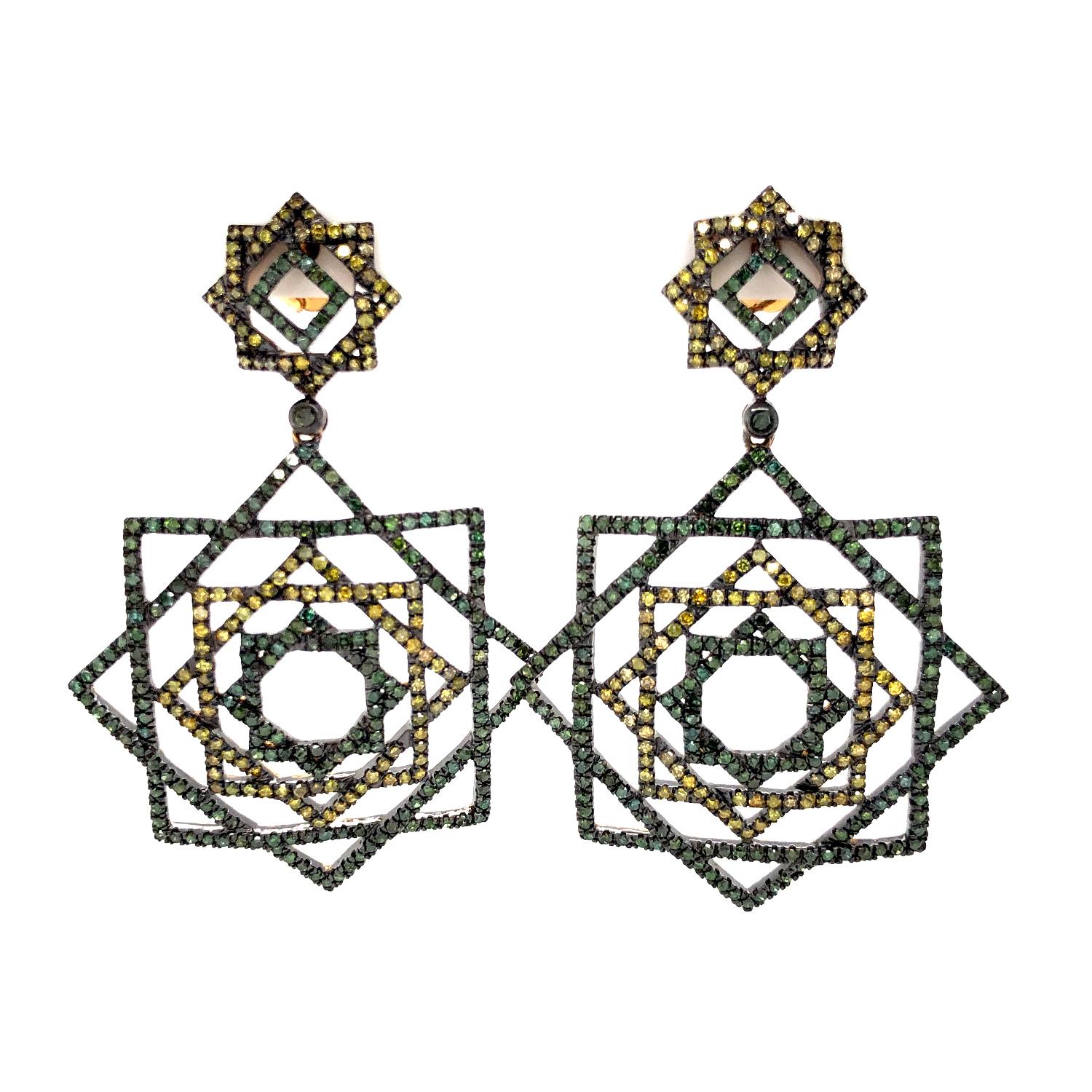 Geometric Dangle Earrings With Pave Diamonds Made In 18k Gold & Silver For Sale 1