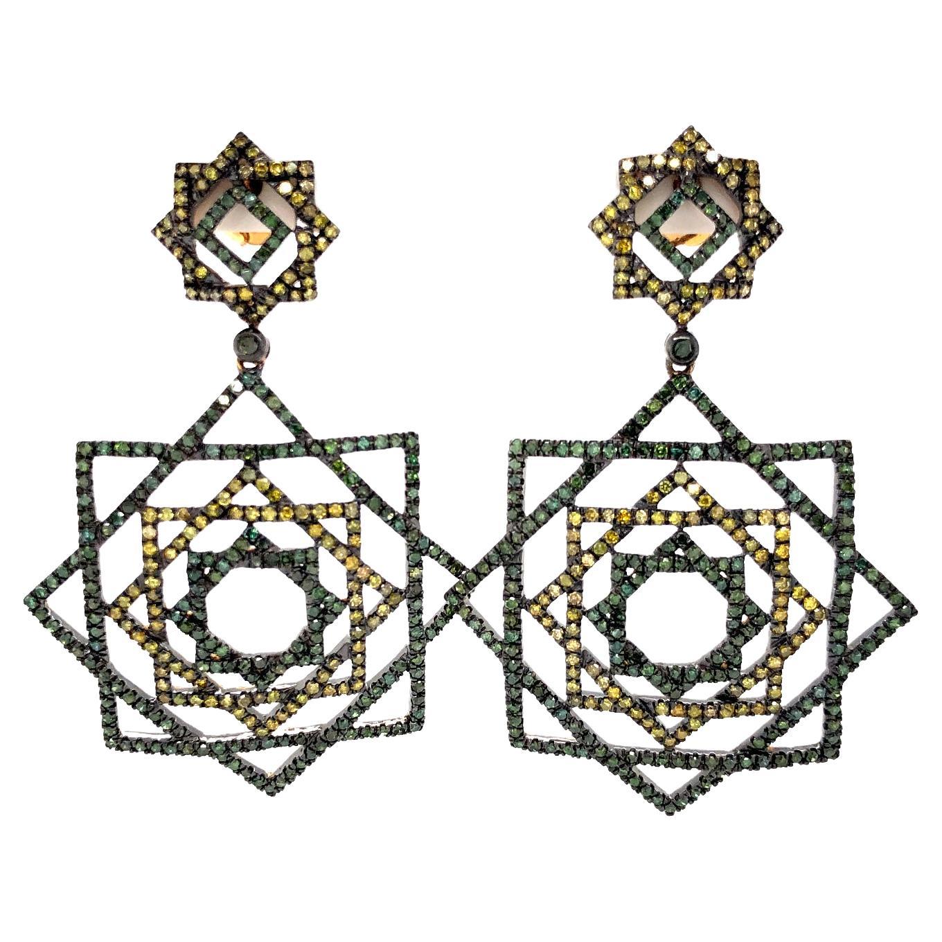 Geometric Dangle Earrings With Pave Diamonds Made In 18k Gold & Silver For Sale