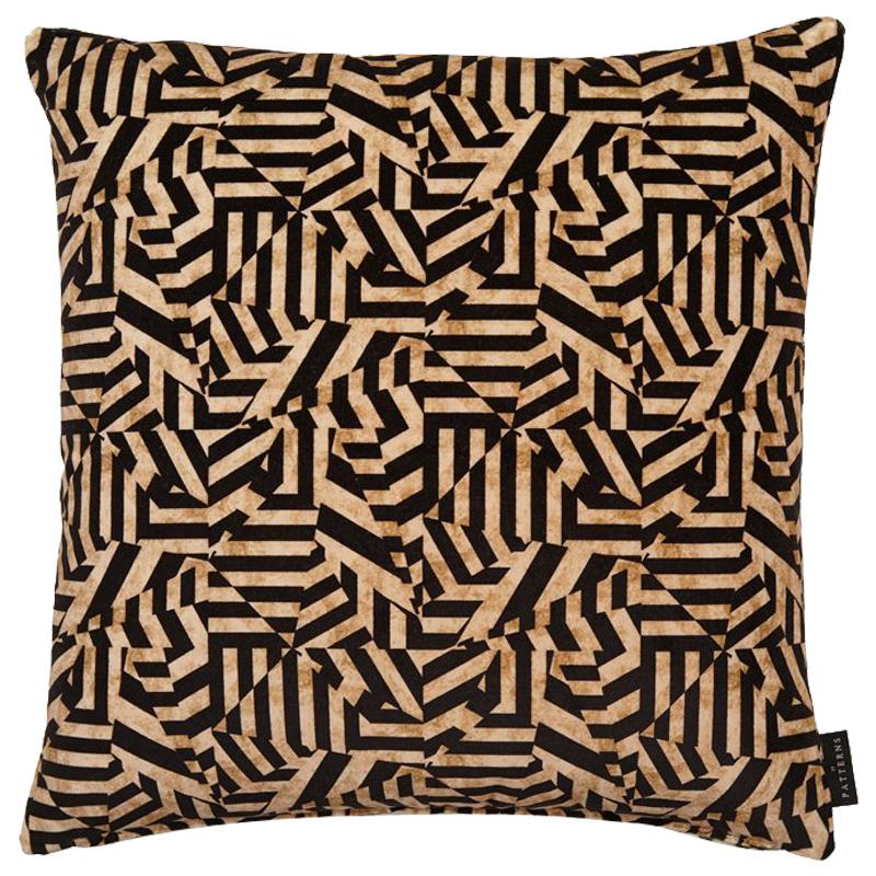 Geometric Dazzle Antique Gold and Black Cotton Velvet Cushion by 17 Patterns For Sale