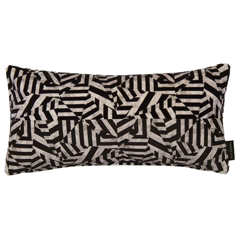 Geometric Dazzle Black and Grey Cotton Velvet Lumbar Cushion by 17 Patterns For Sale