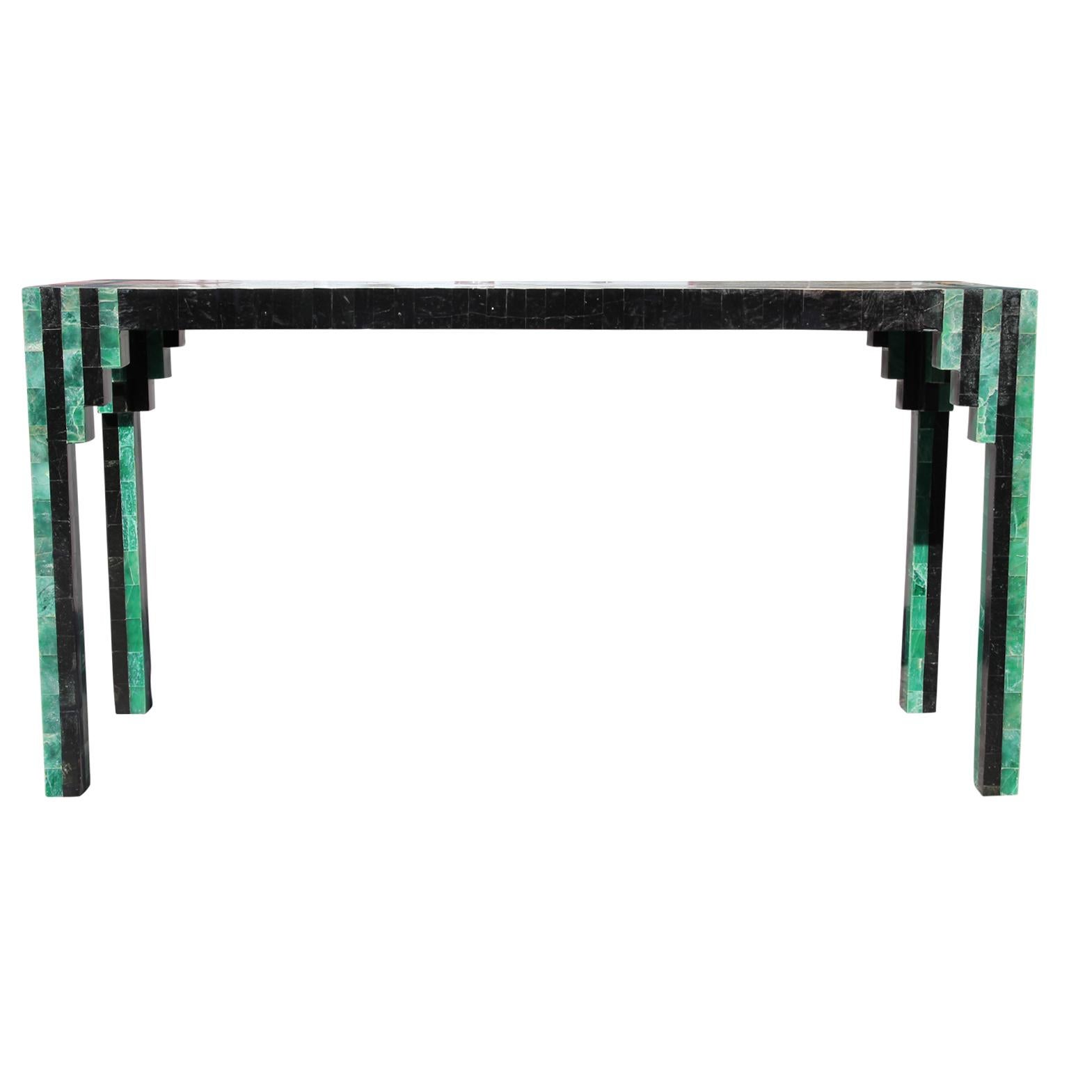 Stunning geometric deco tessellated marble Karl Springer style console table, circa 1970s made in the Philippines. Very nice vintage condition.