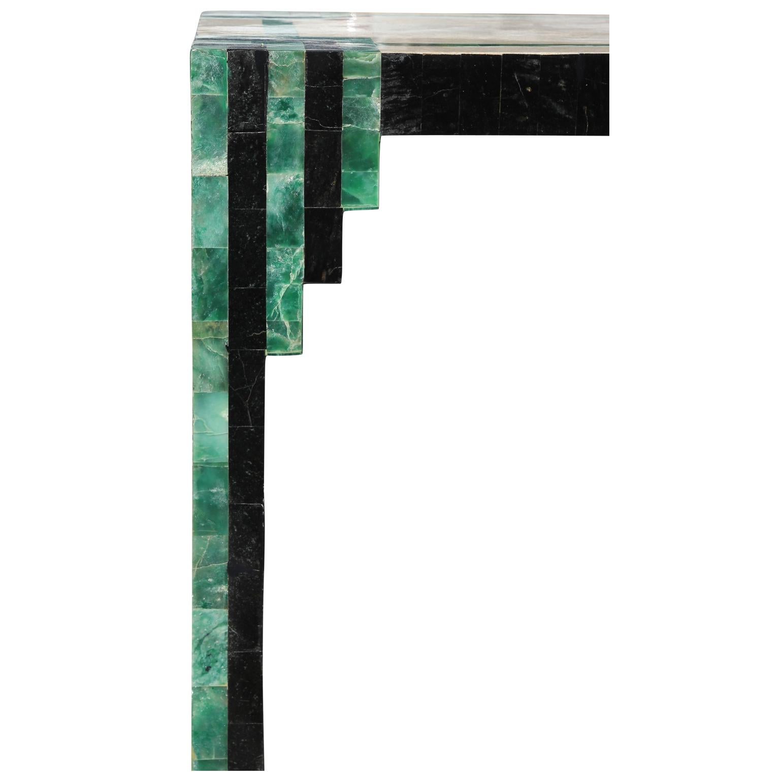 Asian Geometric Deco Modern Tessellated Green / Black Console Table Karl Springer